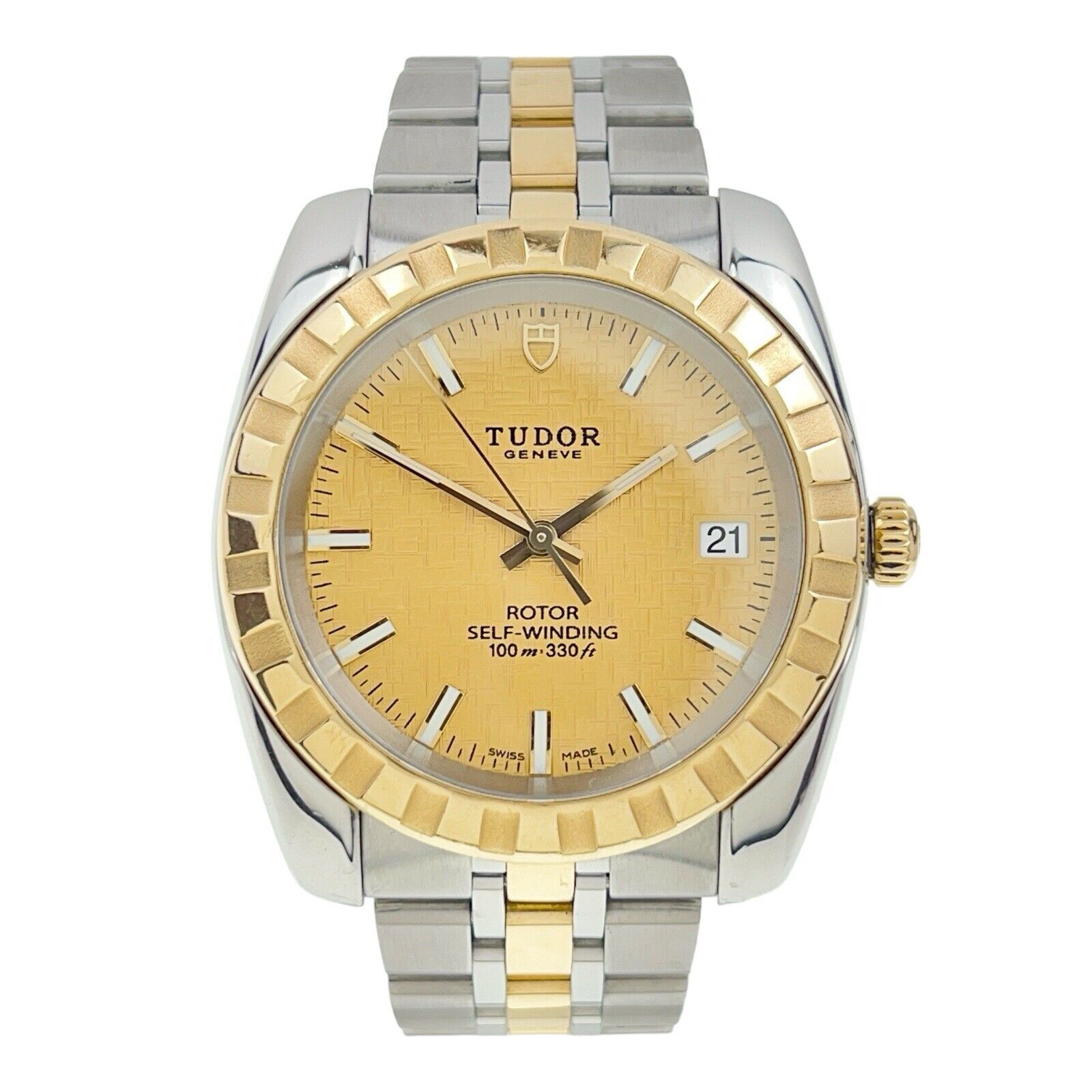 Tudor Classic Date Gold Linen Diamond Dial 18k and Steel Automatic Watch 21013