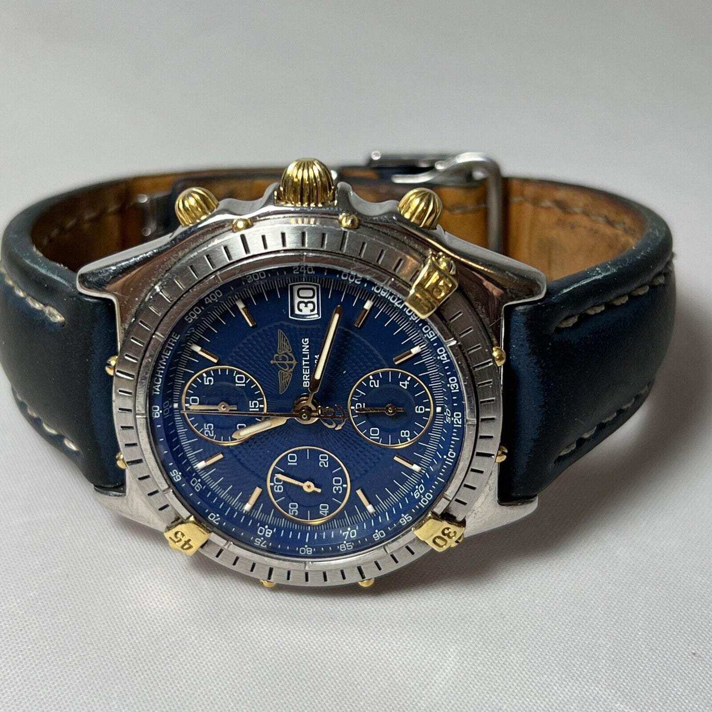 Two-Tone Blue Dial Breitling 39mm 81950 Chronograph Automatic Date Watch - READ