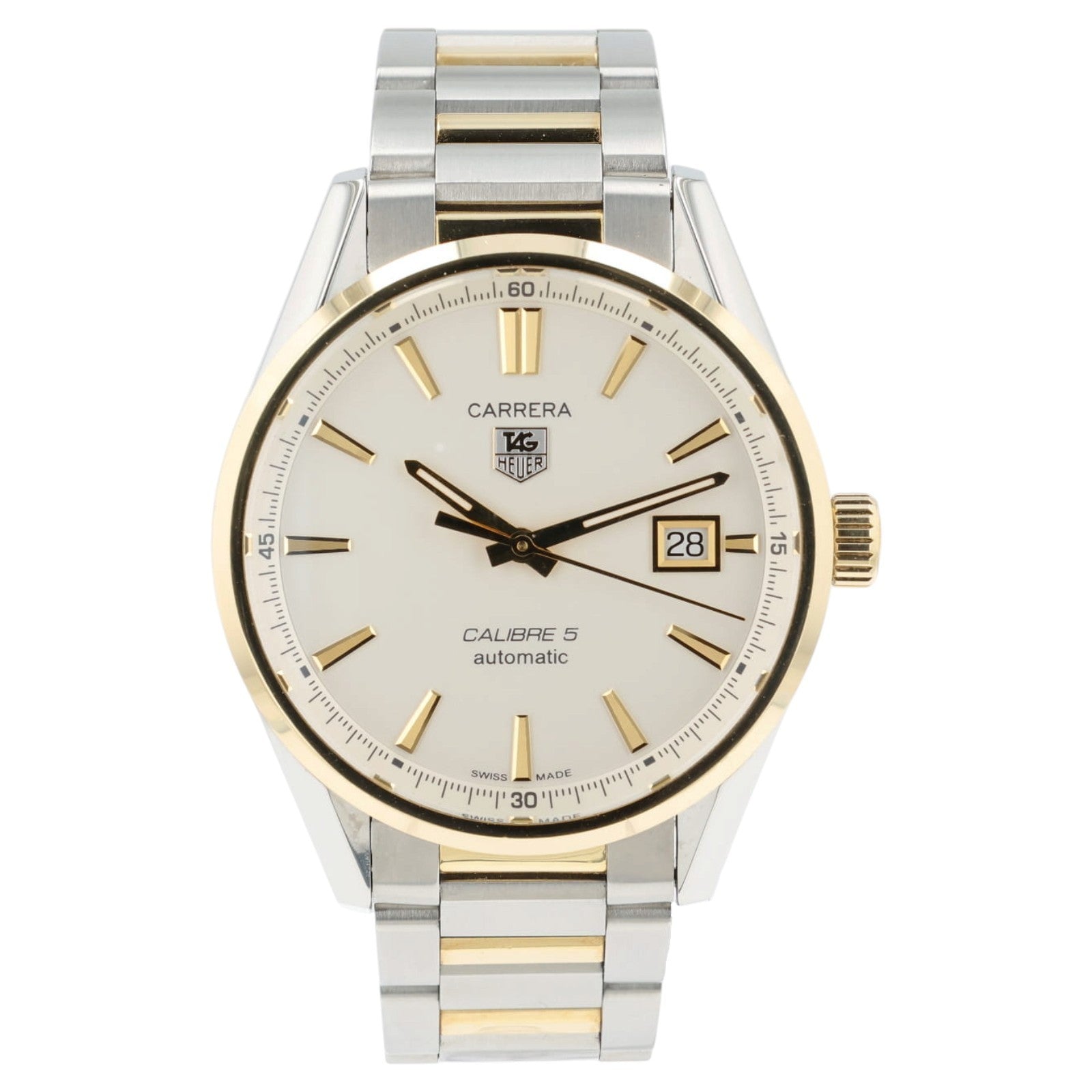 Tag Heuer Two-Tone Carrera Calibre 5 Silver Dial Steel & Gold 39mm Watch WAR215B