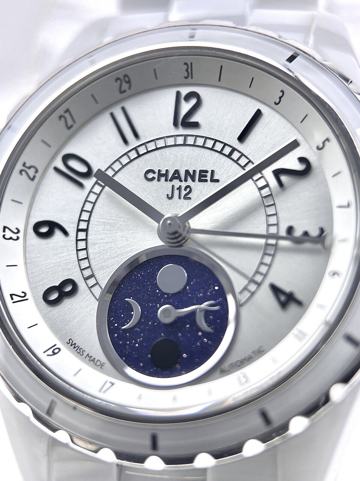 CHANEL J12 Moon Phase de Lune 38mm H3404 Auto White Ceramic Watch w/ Box Papers