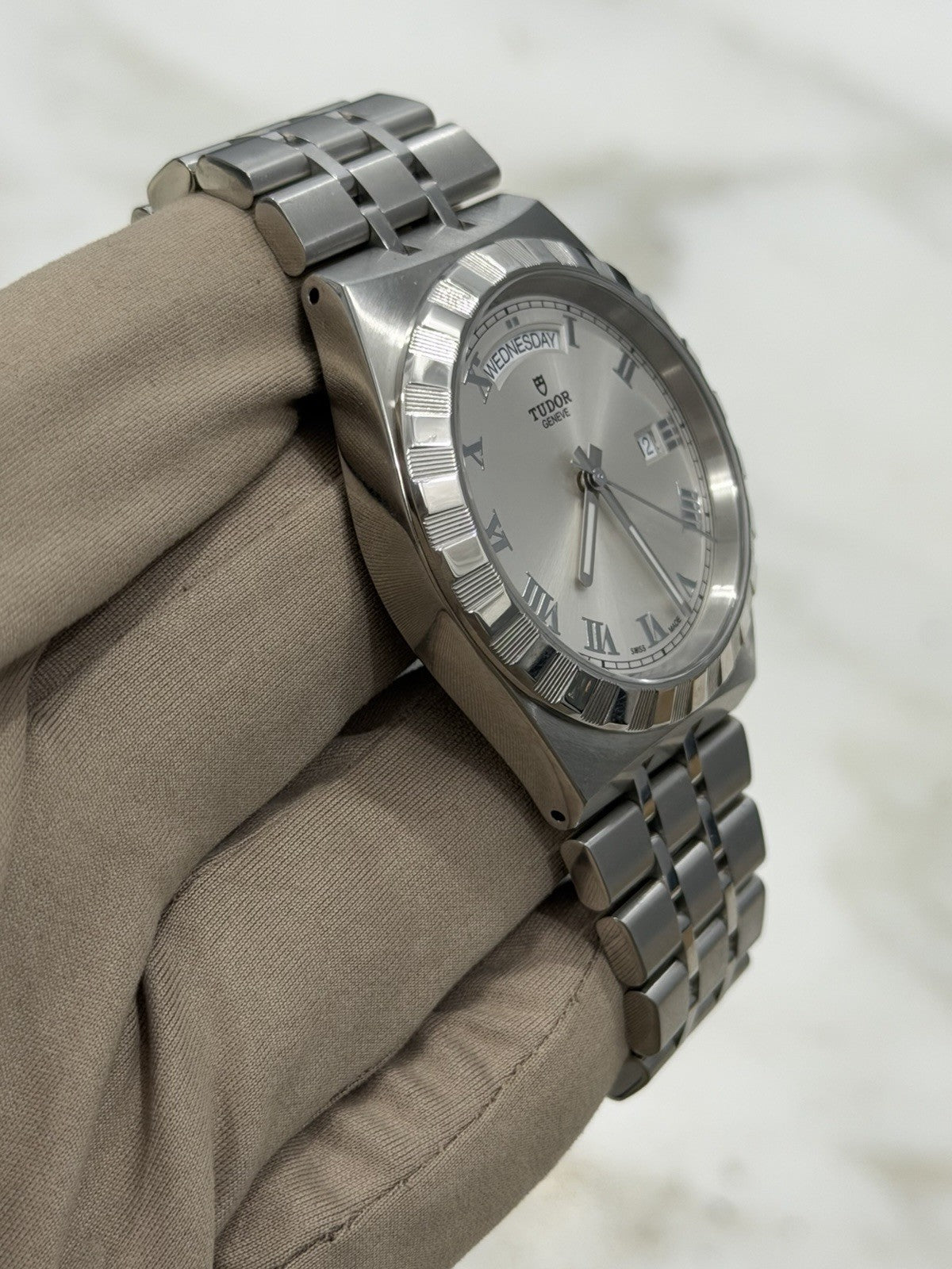 Tudor Royal Silver Roman Day Date Stainless Steel Men's Automatic Watch 28600