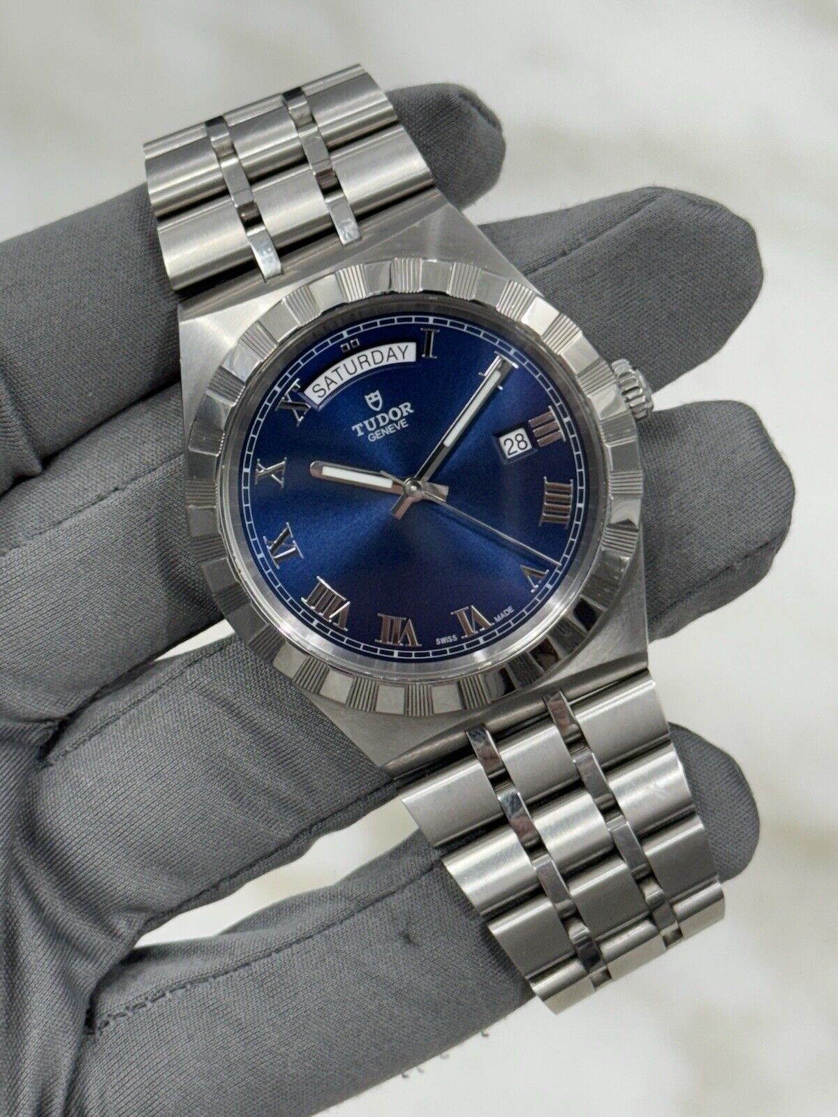 TUDOR Royal Blue Roman Day Date Stainless Steel Men's Automatic Watch 28600