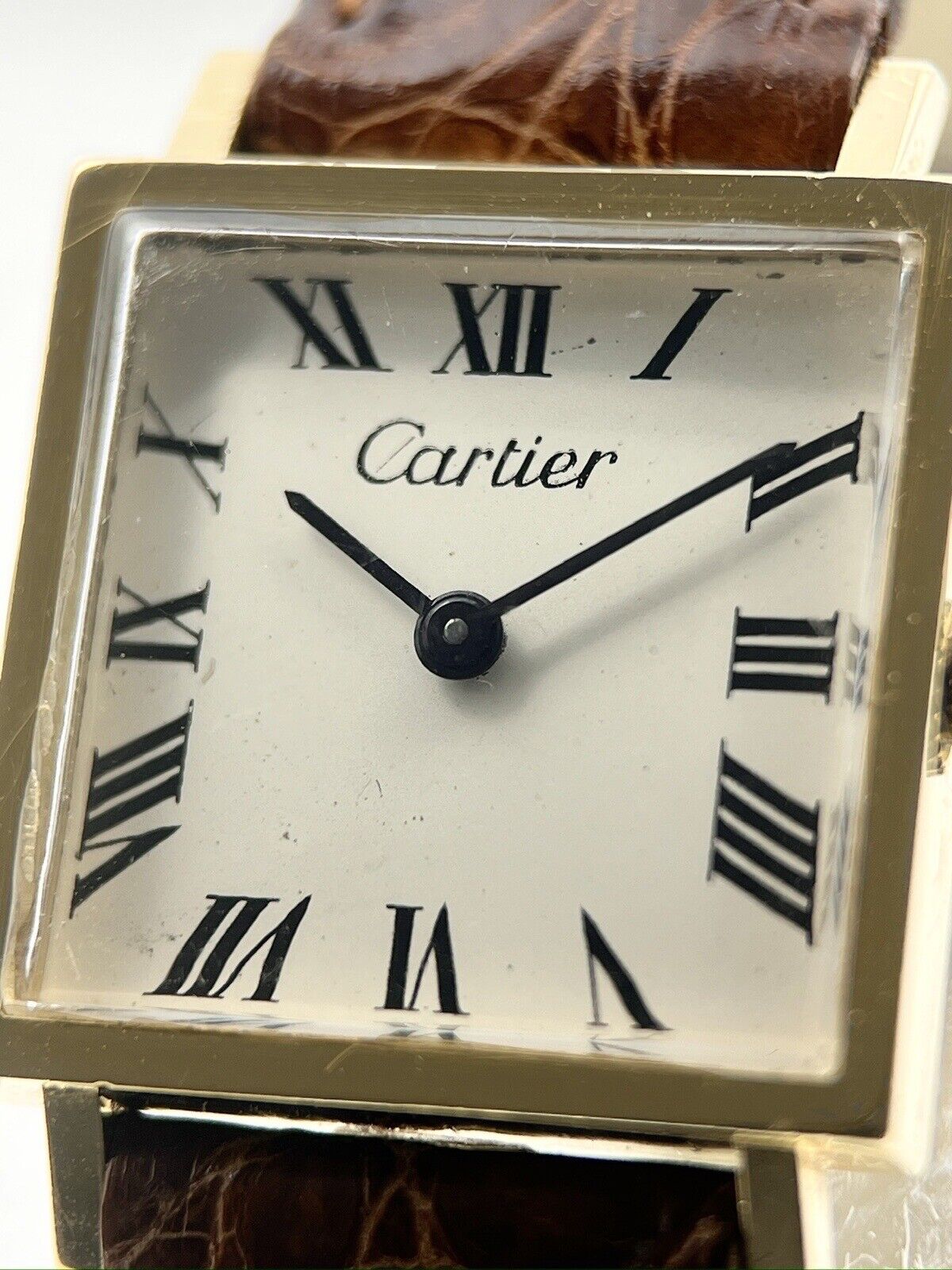 Cartier Women's Manual Wind Square Watch 14k Gold on Crocodile Band