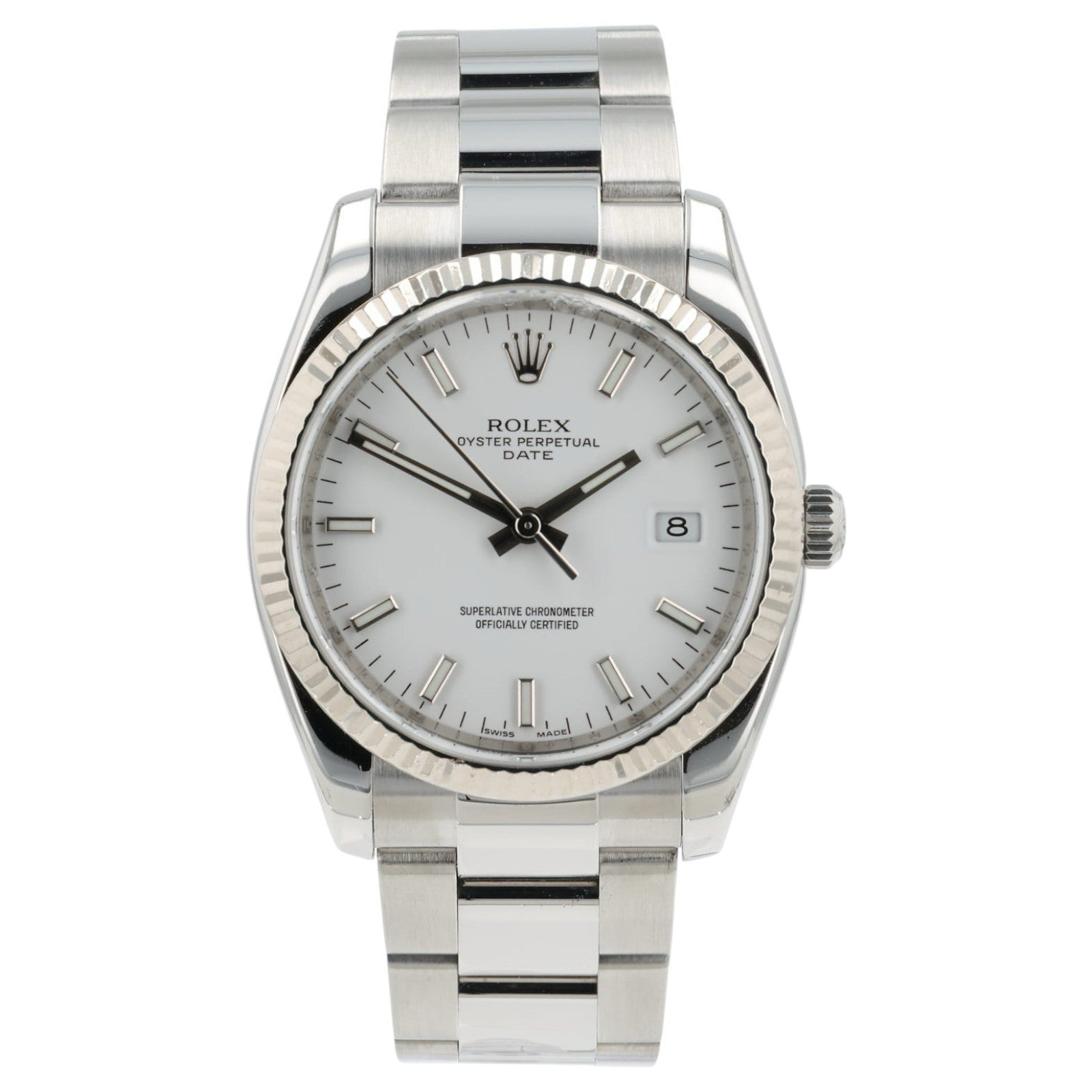 Rolex Oyster Perpetual Date White Dial Steel 34mm Automatic Men’s Watch 115234
