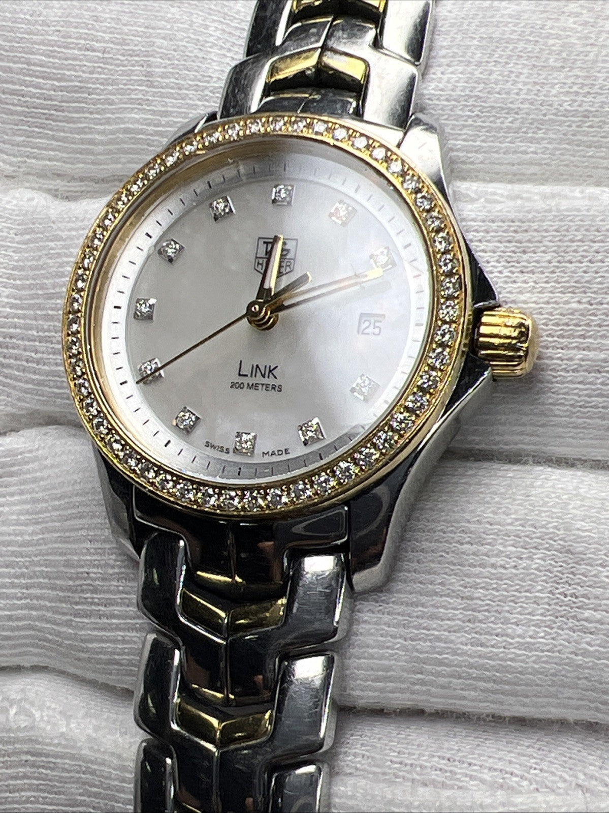 TAG Heuer Ladies Link Quartz Date Watch WJF1354 MOP Dial Diamond Bezel 27mm