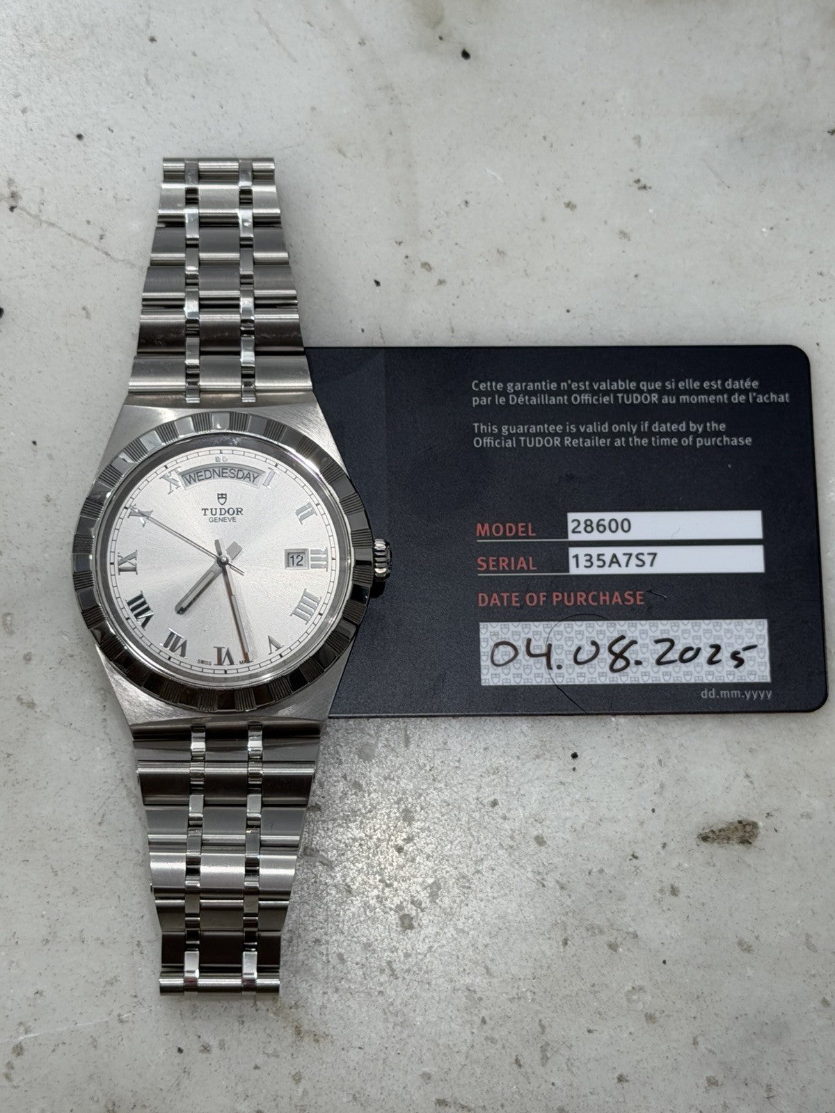 Tudor Royal Silver Roman Day Date Stainless Steel Men's Automatic Watch 28600
