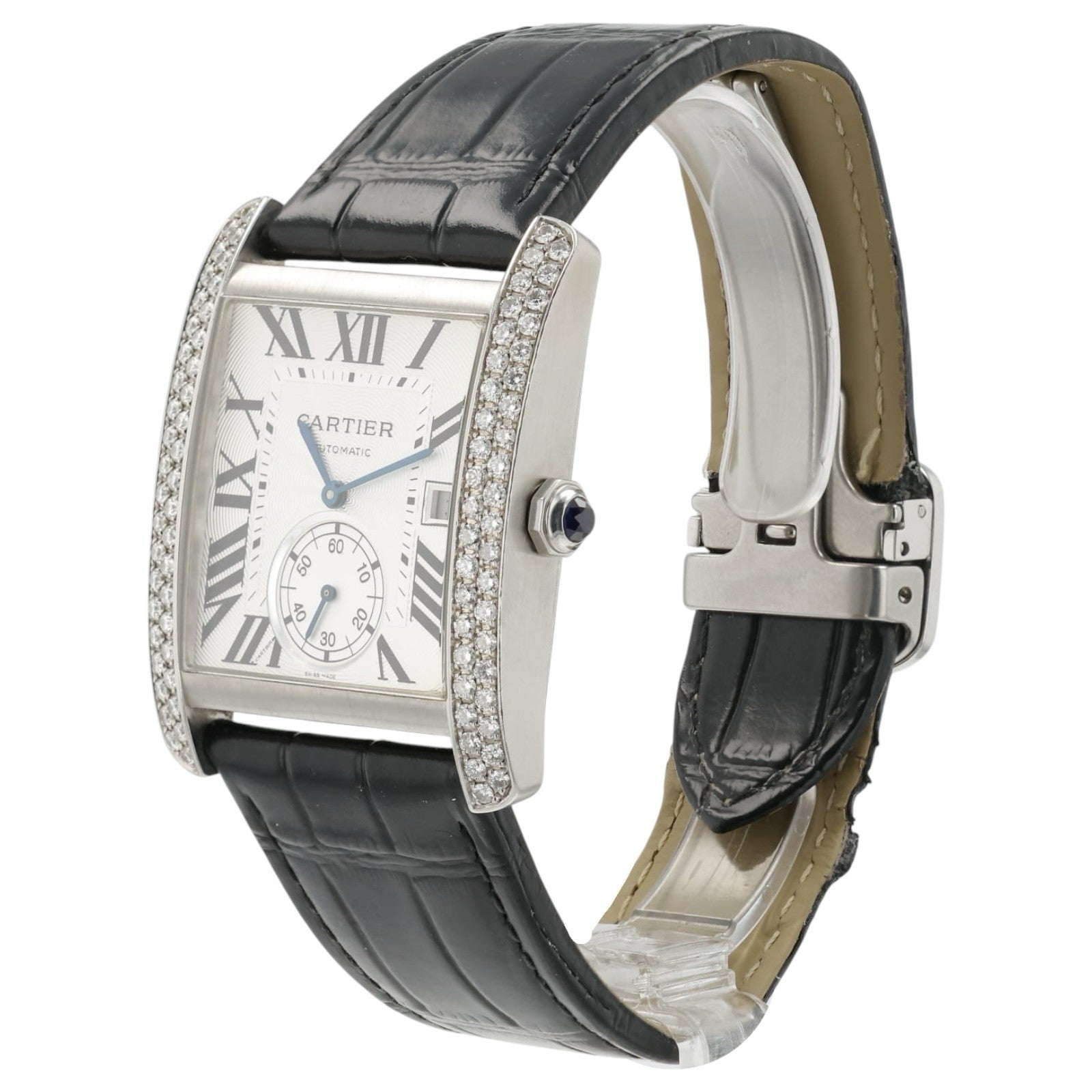Cartier Tank Silver Dial Stainless Steel Diamond 34mm Automatic Watch WSTA0007