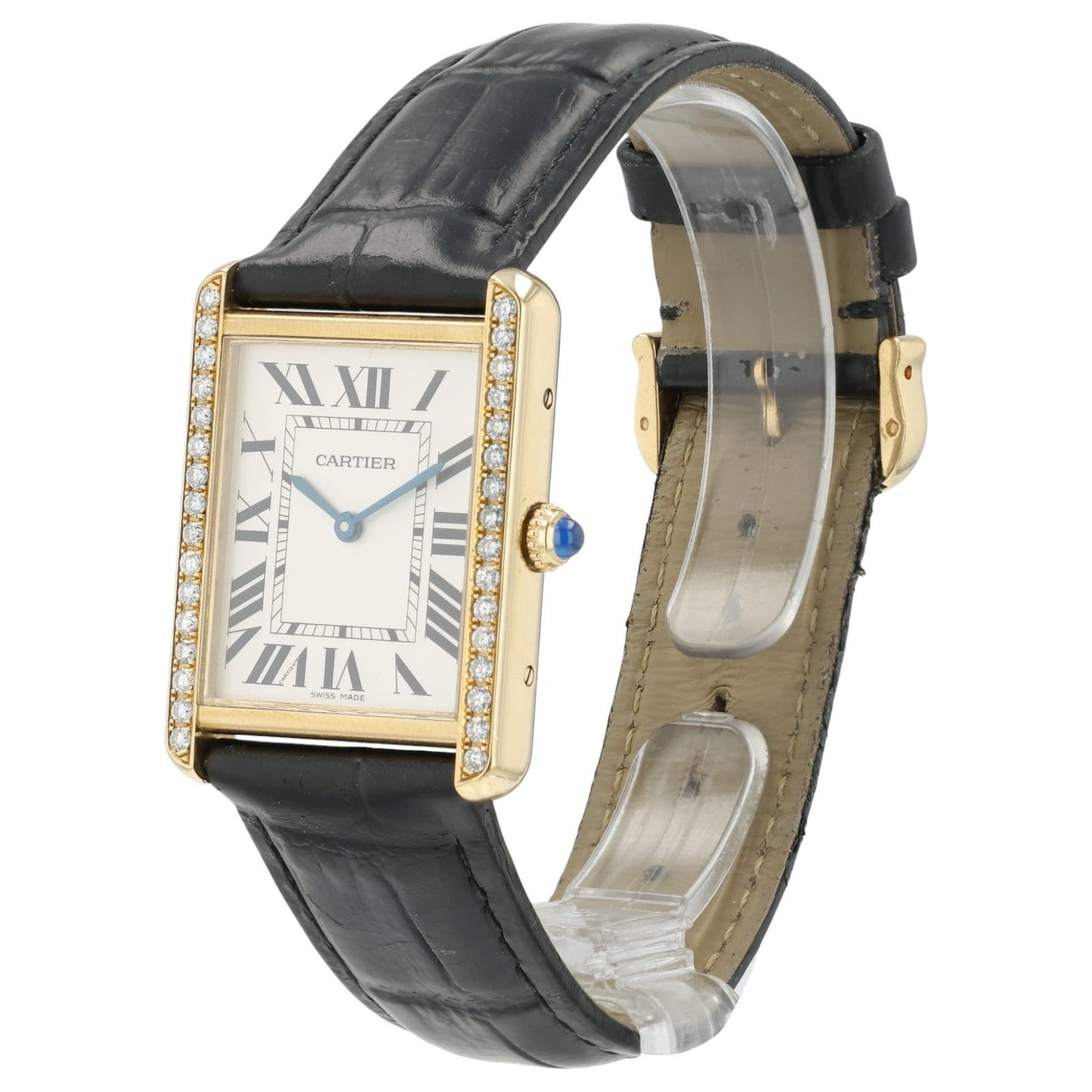 Cartier Tank Solo Silver Dial 18k Yellow Gold 34mm Quartz Diamond Watch W5200004