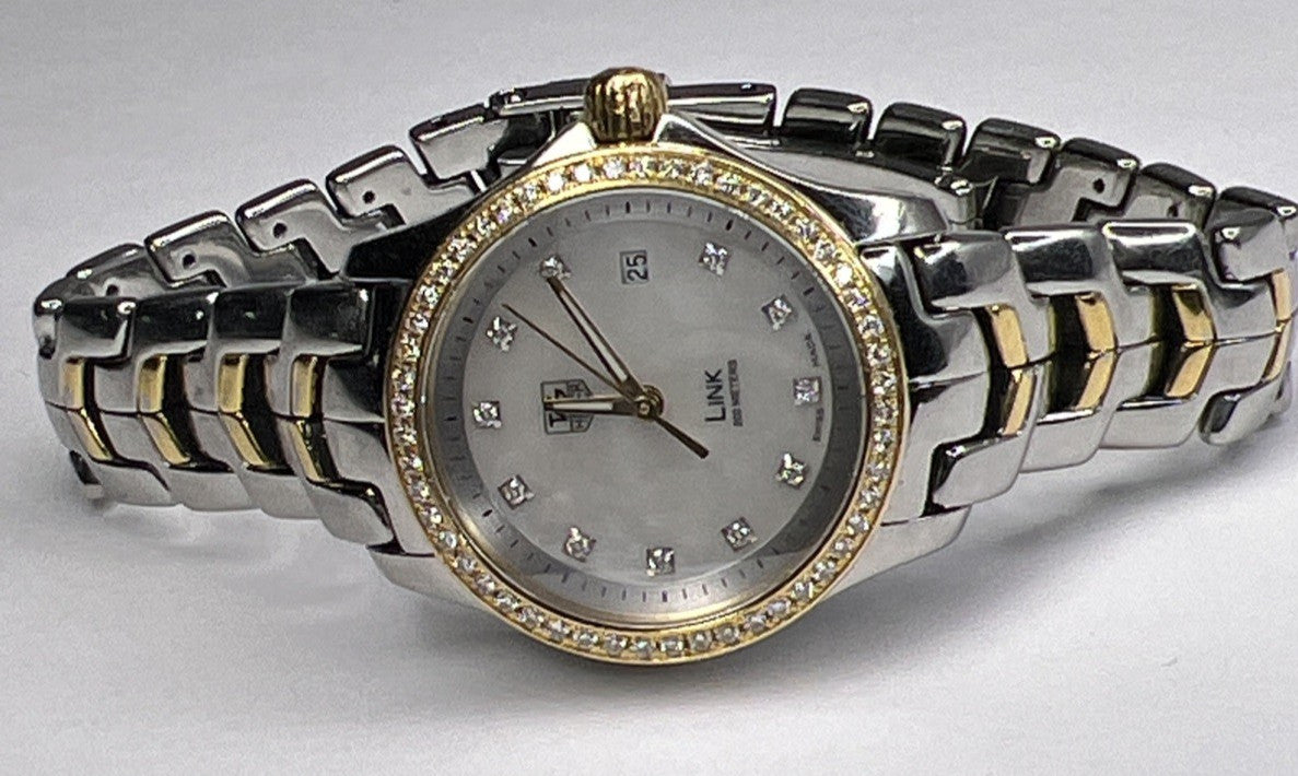 TAG Heuer Ladies Link Quartz Date Watch WJF1354 MOP Dial Diamond Bezel 27mm