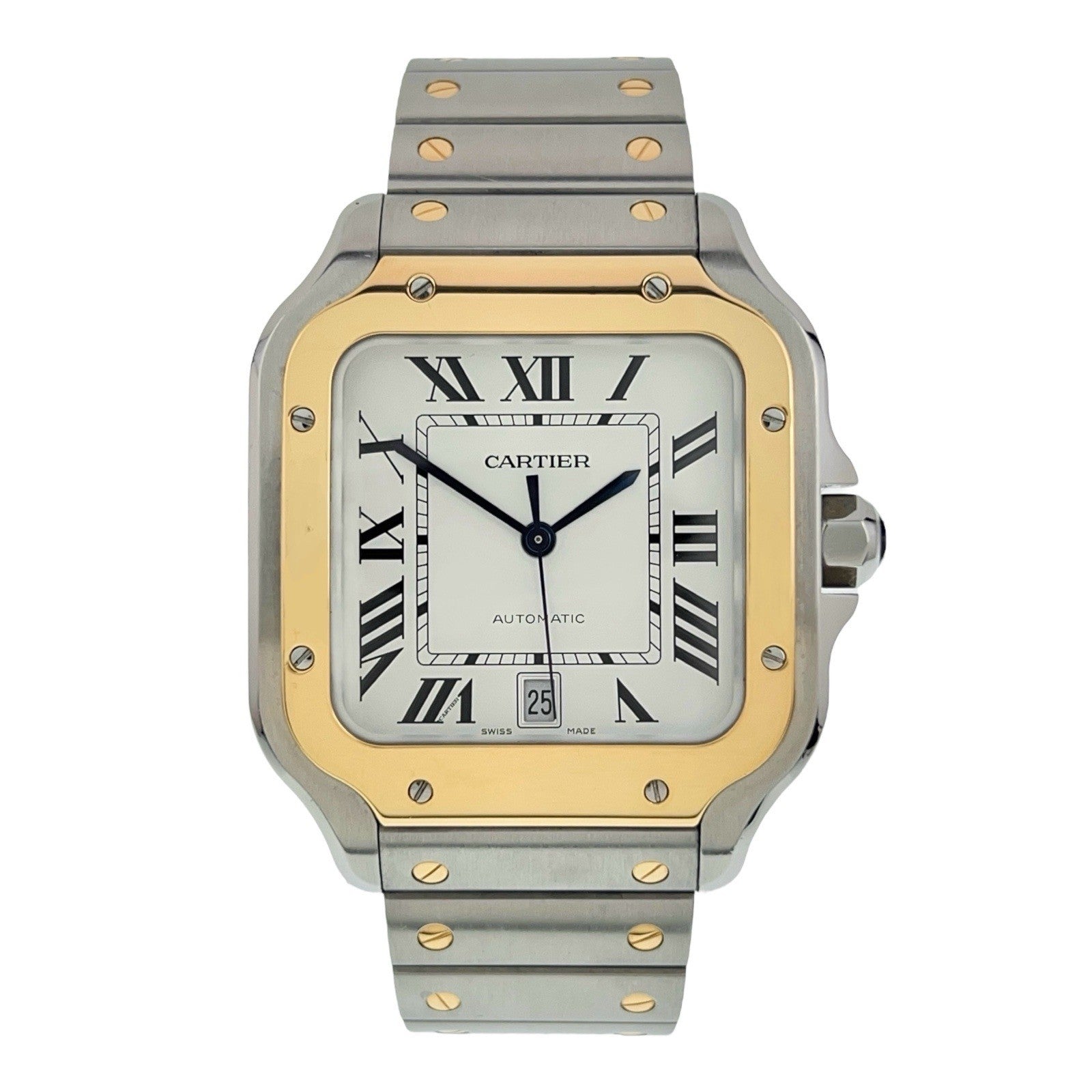 Cartier Santos Gold & Steel Silver Dial 39mm Automatic Mens Watch W2SA0009