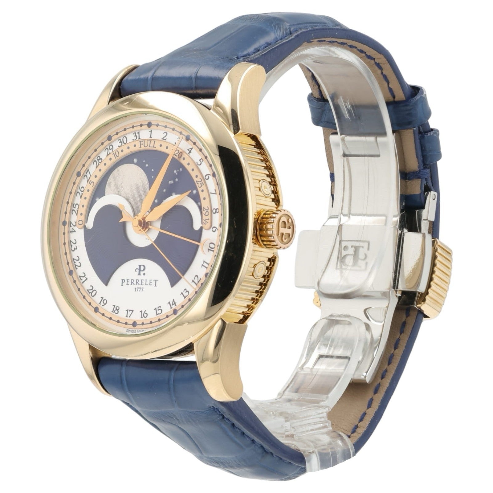 Perrelet Moon Phase Cream & Blue Dial 18k Yellow Gold 40mm Automatic Watch A3013