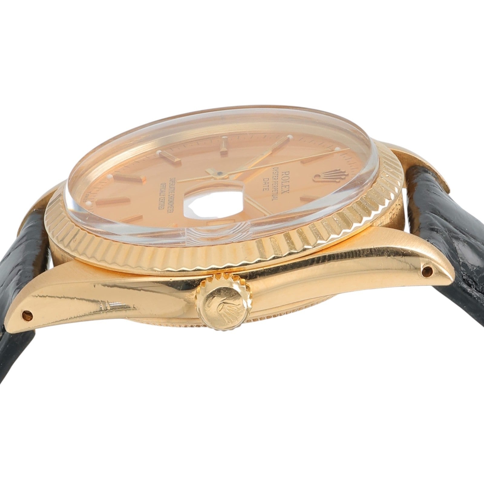 Rolex Oyster Perpetual Date 34 Fluted Bezel 18K Gold Champagne Dial Watch