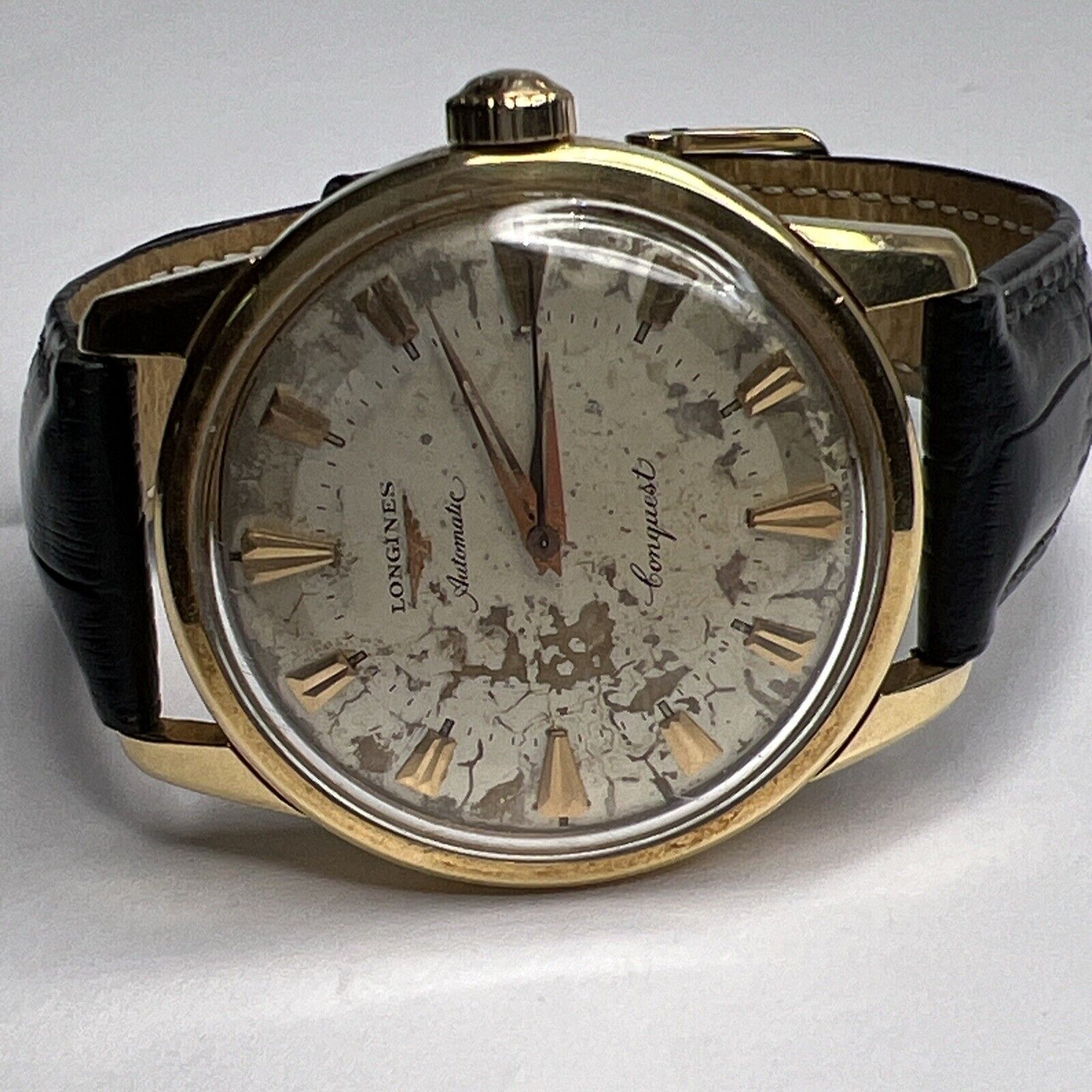 Vintage 35mm Longines Conquest Automatic 18k Gold 19 Watch Ref. 9001 Patina Dial