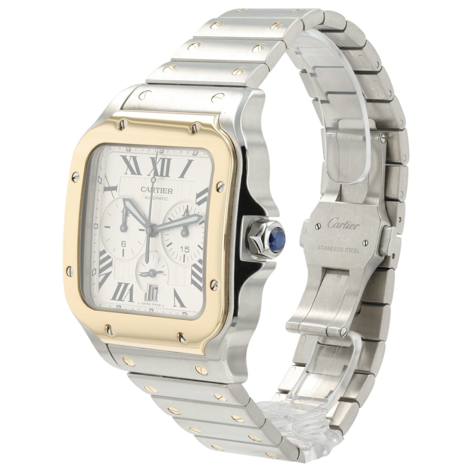 Cartier Santos Chronograph Silver Dial Gold & Steel 43mm Automatic Mens W2SA0008