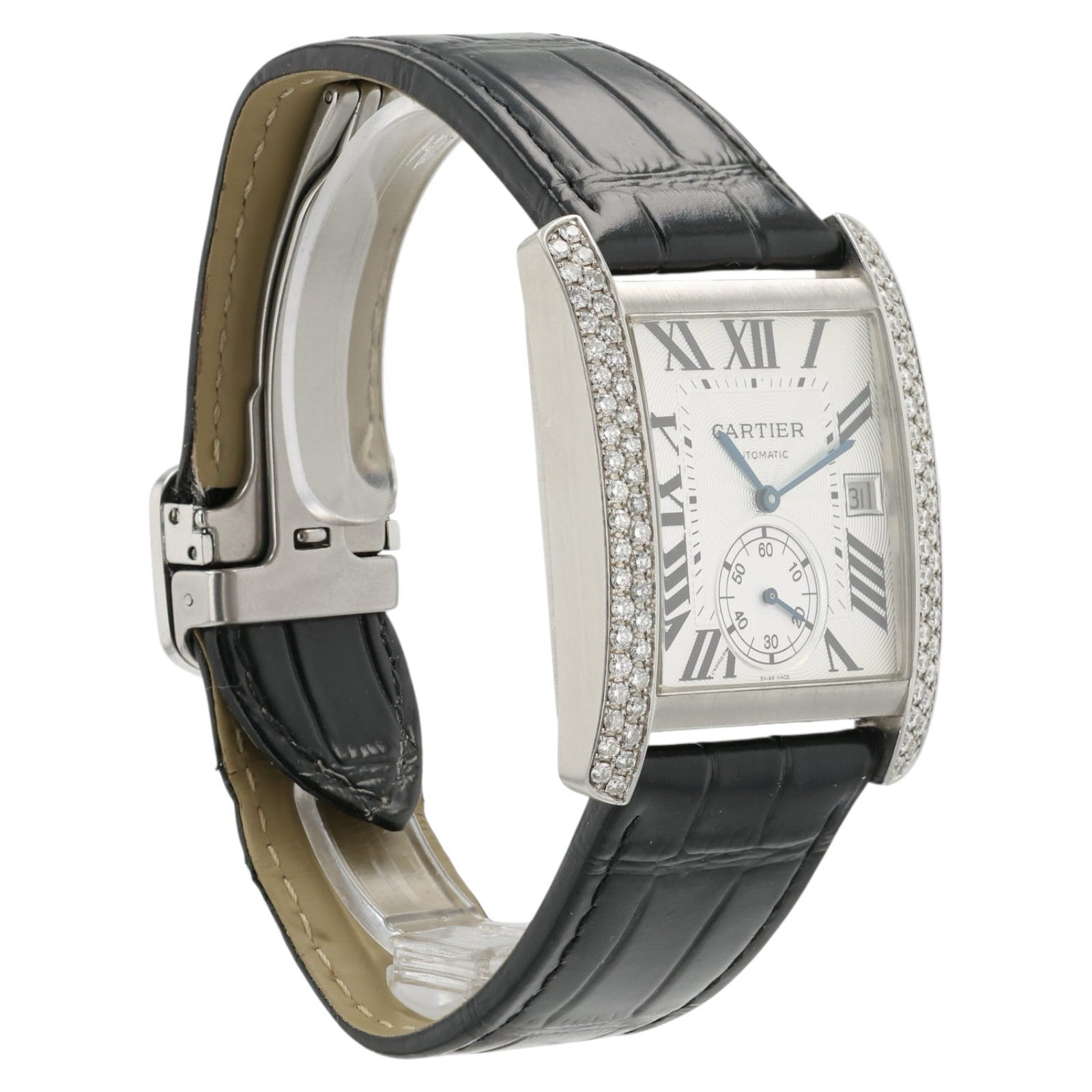 Cartier Tank Silver Dial Stainless Steel Diamond 34mm Automatic Watch WSTA0007