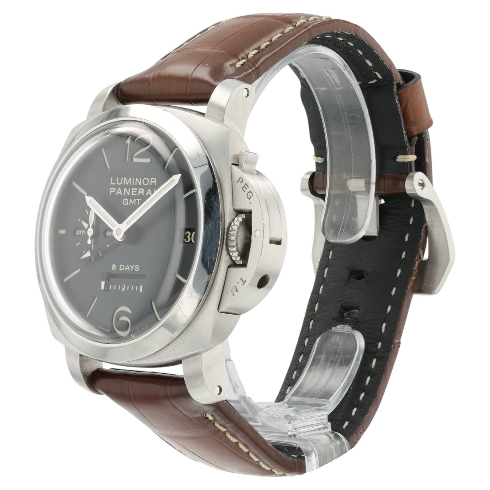 Panerai Luminor 8 Days GMT Black Dial Steel 44mm Manual Wind Mens Watch PAM00233