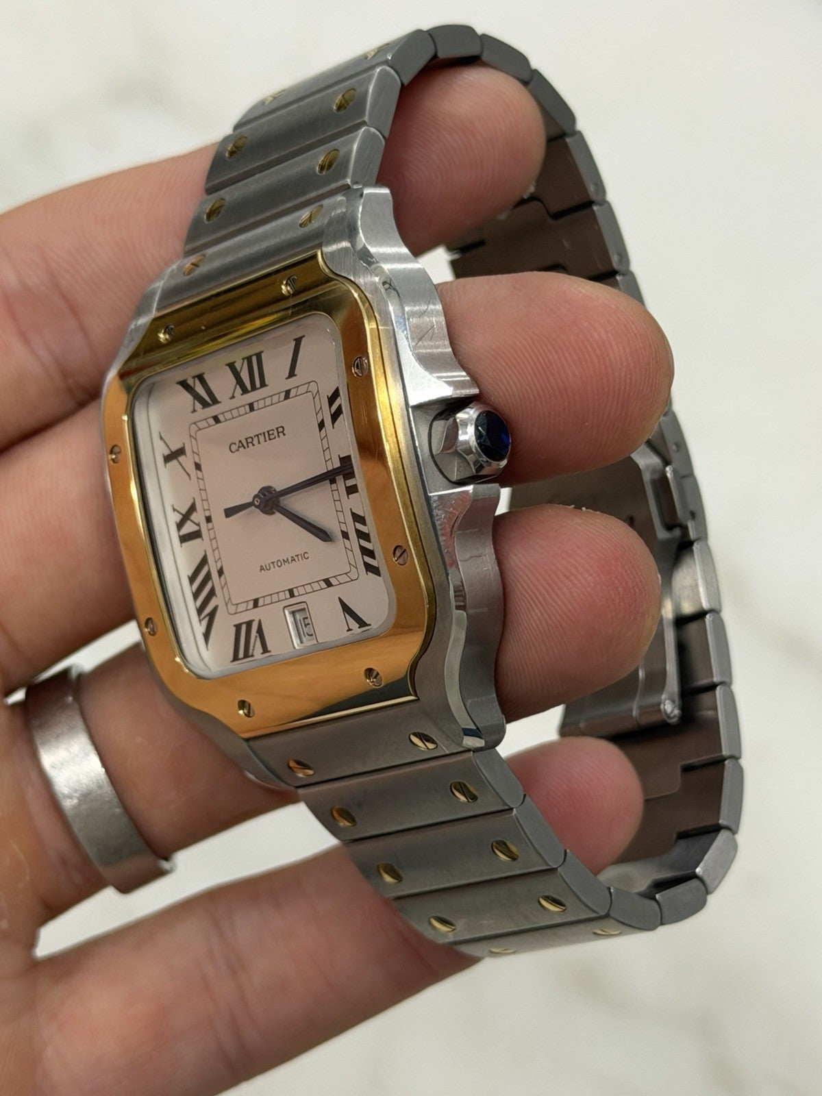 Cartier Santos Silver Dial Gold & Steel 39x47mm Automatic Mens Watch W2SA0009