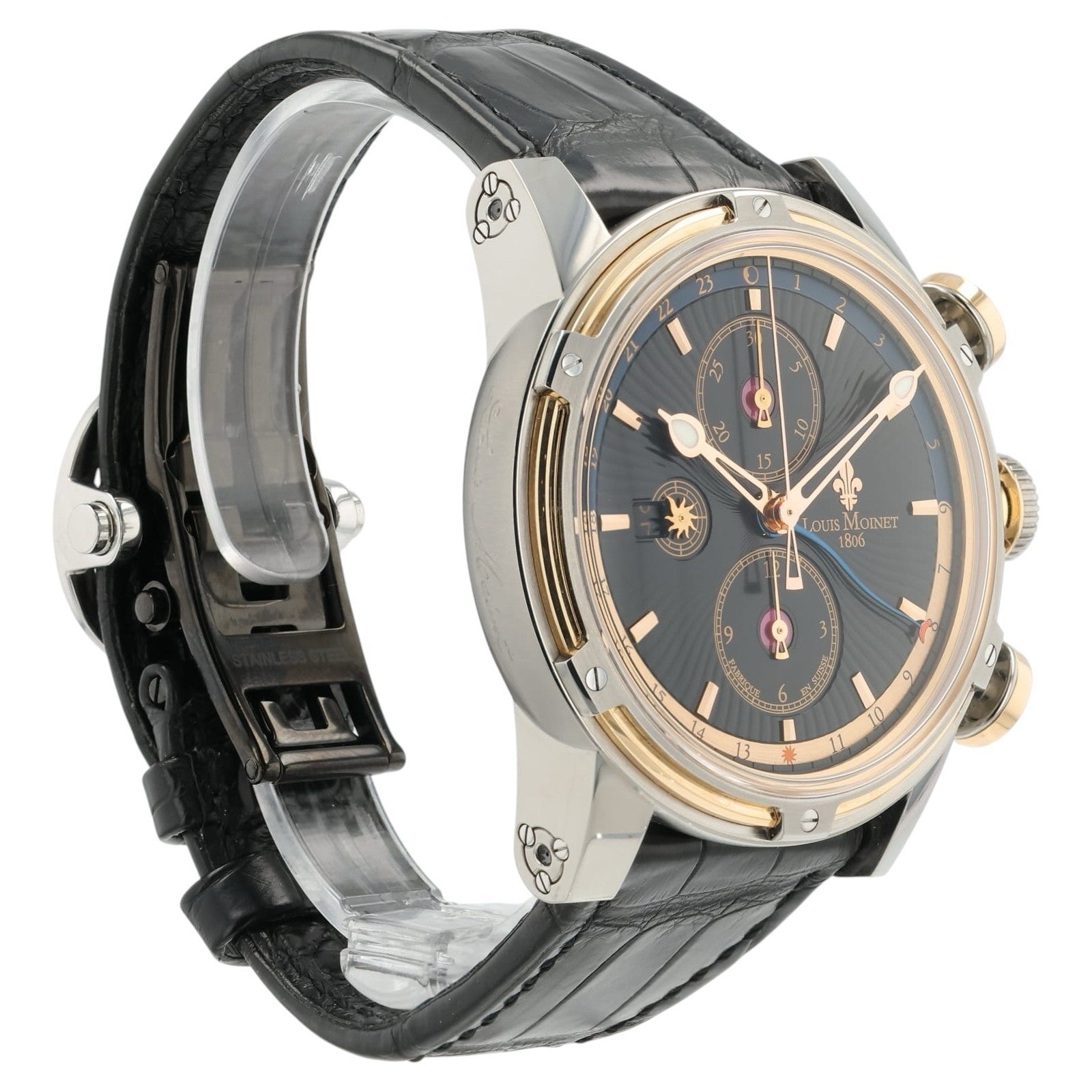 Louis Moinet Geograph Black Dial Steel and Rose Gold 45.5mm Automatic Mens Watch