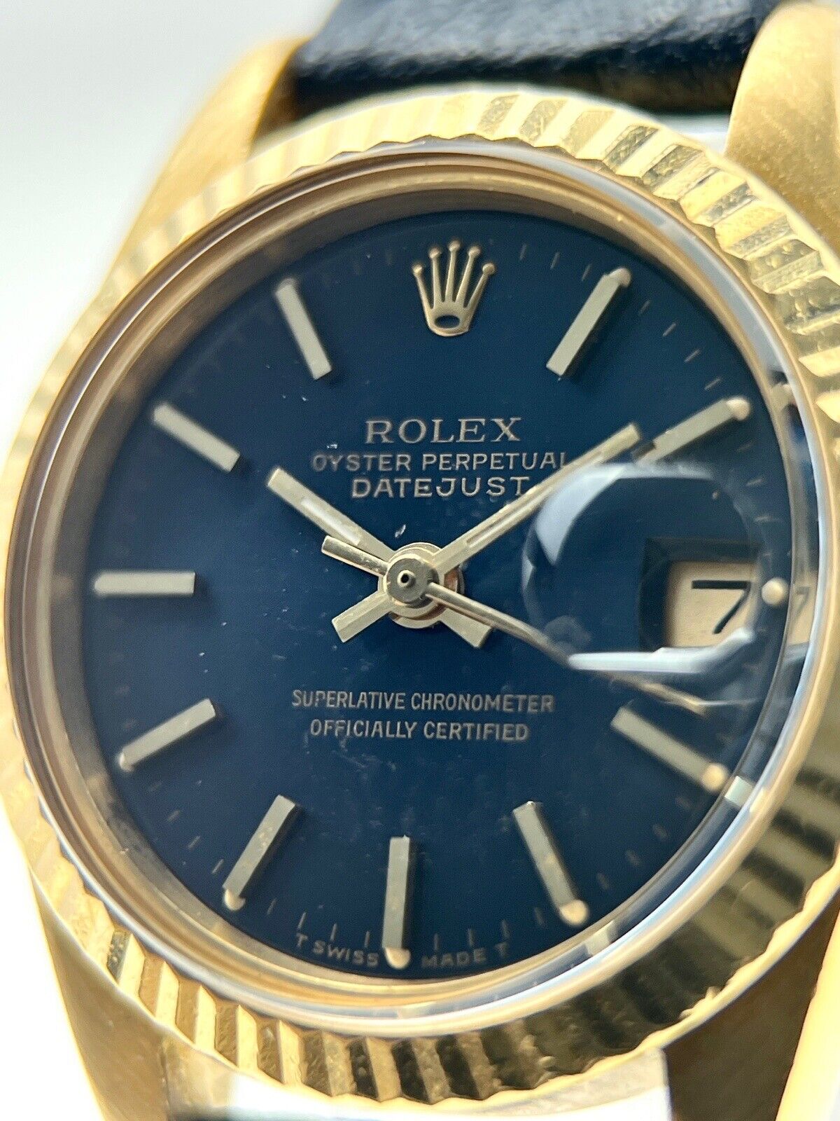 Rolex Lady-Datejust 18k Yellow Gold Automatic Watch 6917 Blue Dial Leather Band