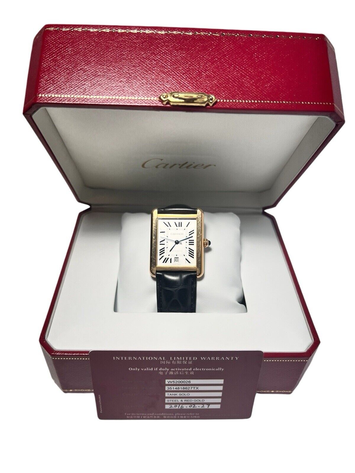 Cartier Tank Solo XL 18k Yellow Gold Black Leather Strap 31mm Automatic W5200026