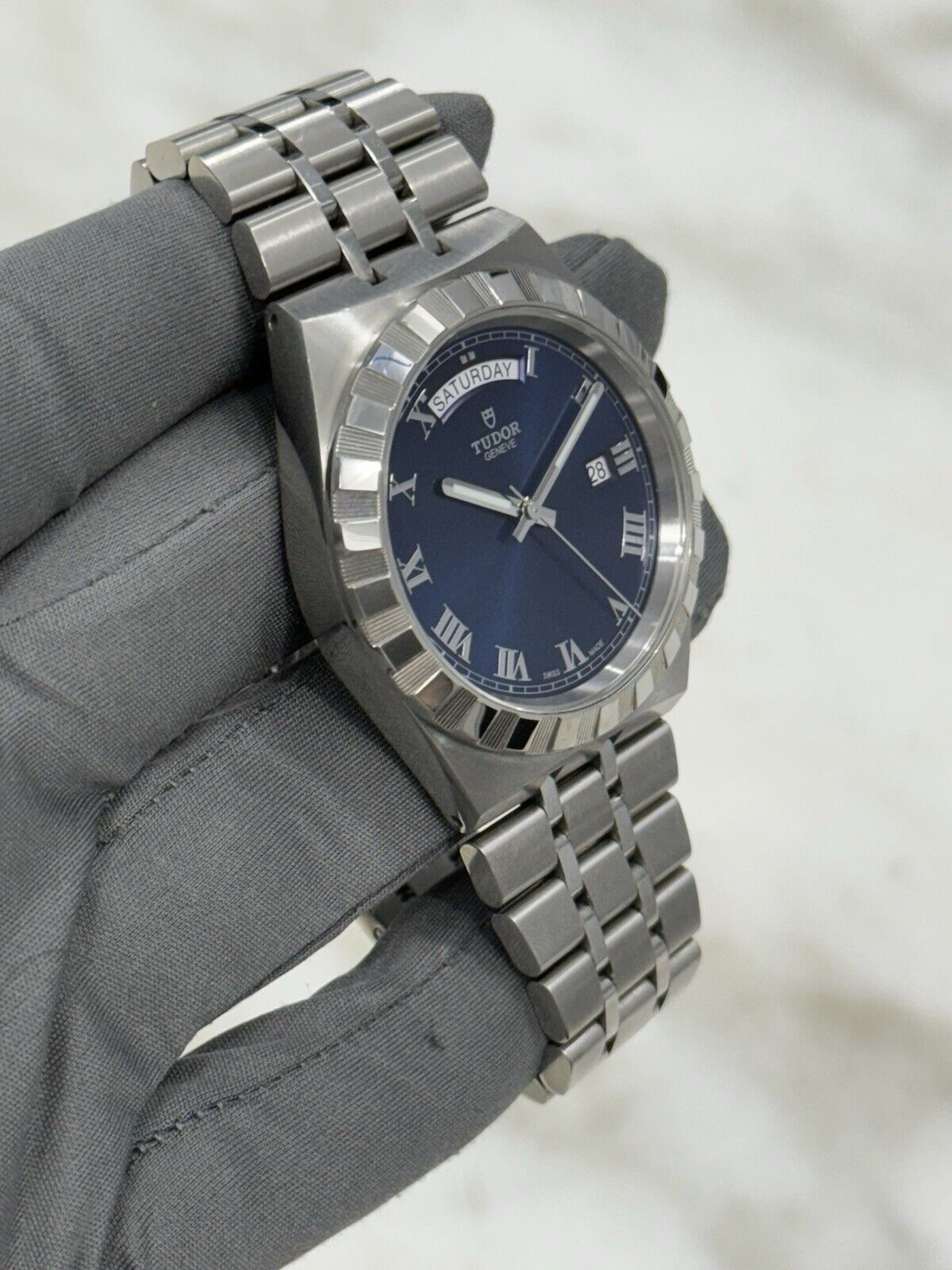 TUDOR Royal Blue Roman Day Date Stainless Steel Men's Automatic Watch 28600