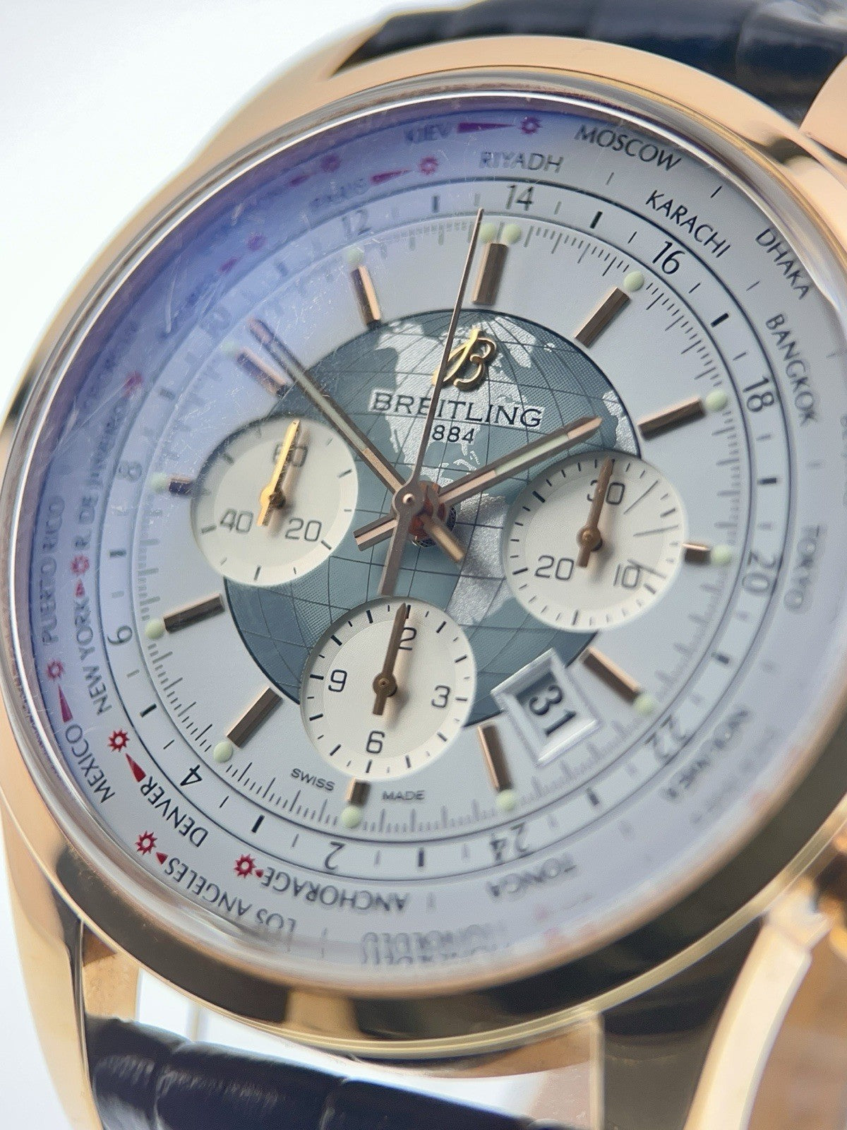 Breitling Transocean Chrono 18k Rose Gold White Dial 46mm Automatic Watch RB0510