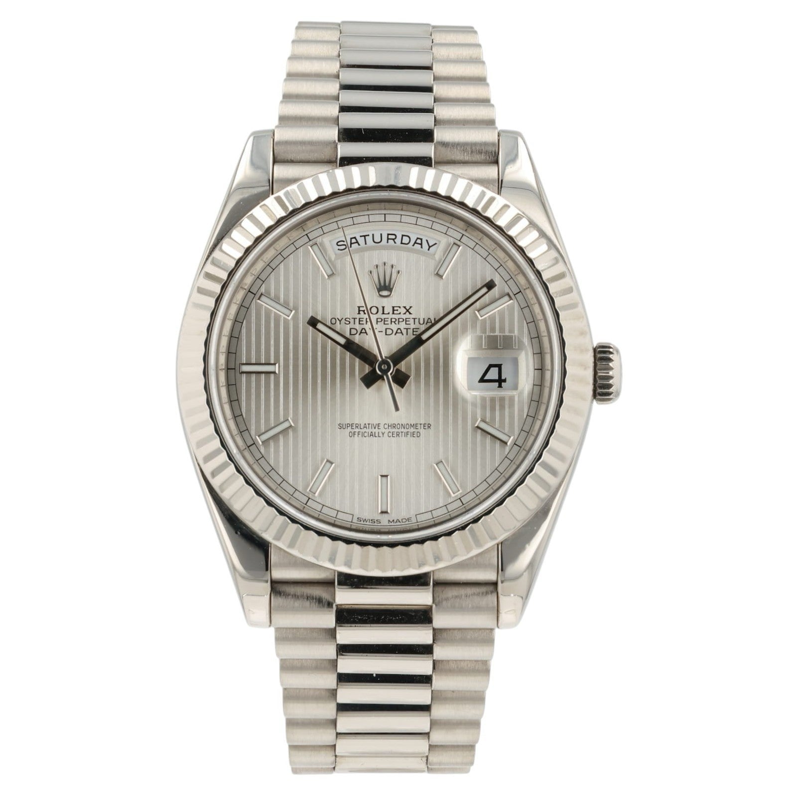 Rolex Day Date Silver Motif Dial 18k White Gold 40mm Auto Men's Watch 228239