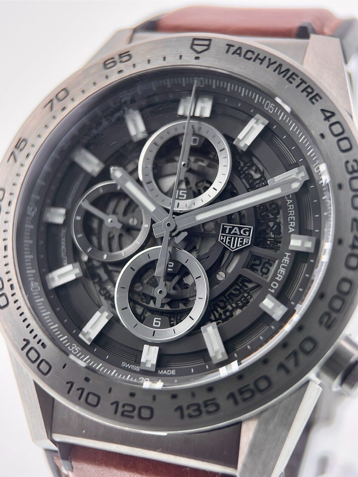 Tag Heuer Carrera 01 Chronograph Titanium Silver Skeleton Dial 45mm Mens CAR2A8A