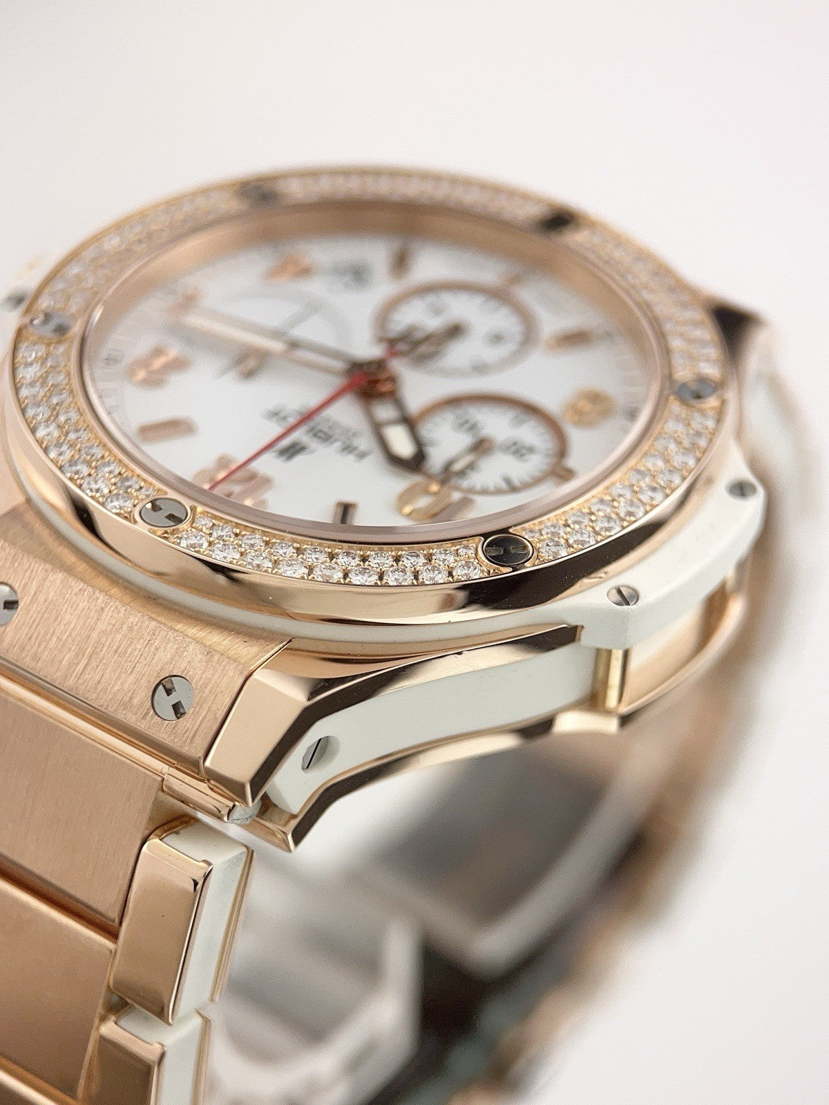 Hublot Big Bang 18k Rose Gold White Dial Diamond Bezel 41mm Automatic Mens Watch