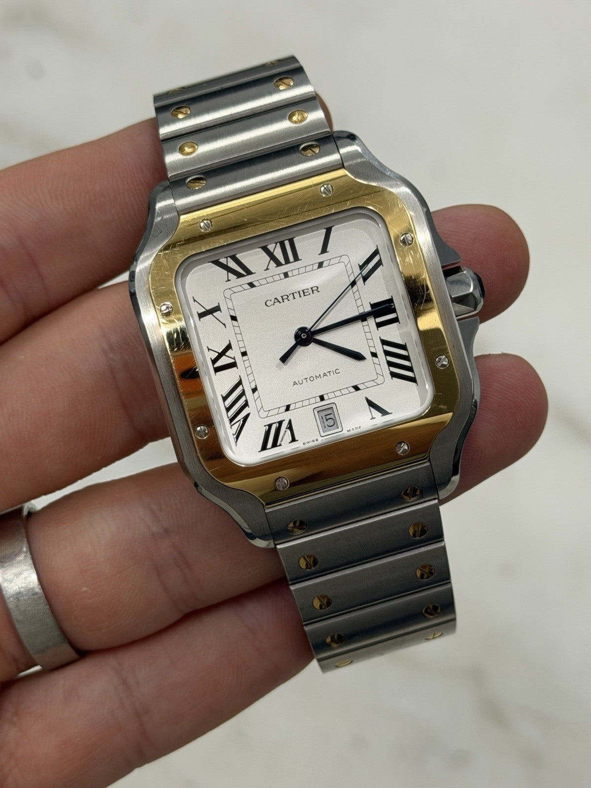 Cartier Santos Silver Dial Gold & Steel 39x47mm Automatic Mens Watch W2SA0009
