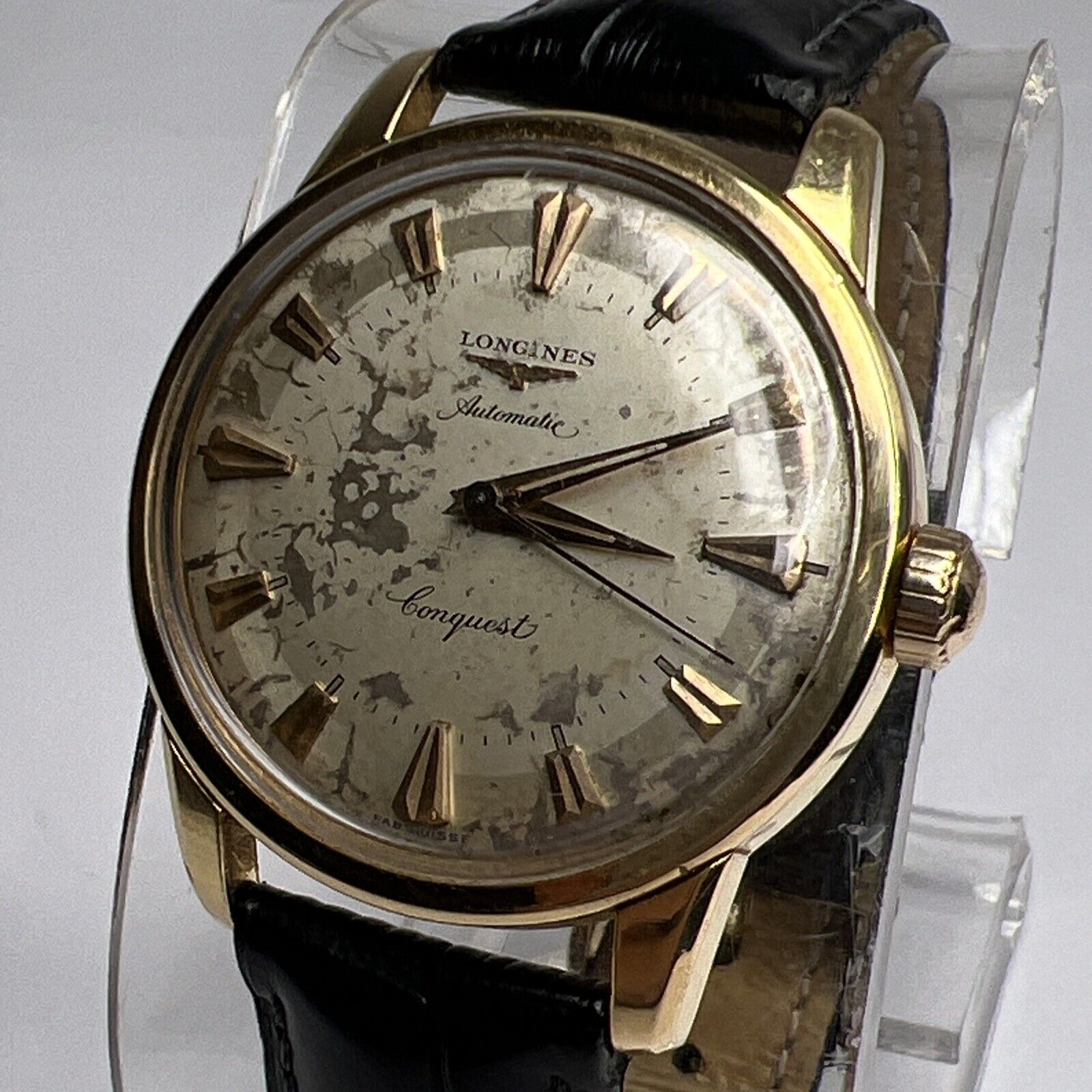 Vintage 35mm Longines Conquest Automatic 18k Gold 19 Watch Ref. 9001 Patina Dial