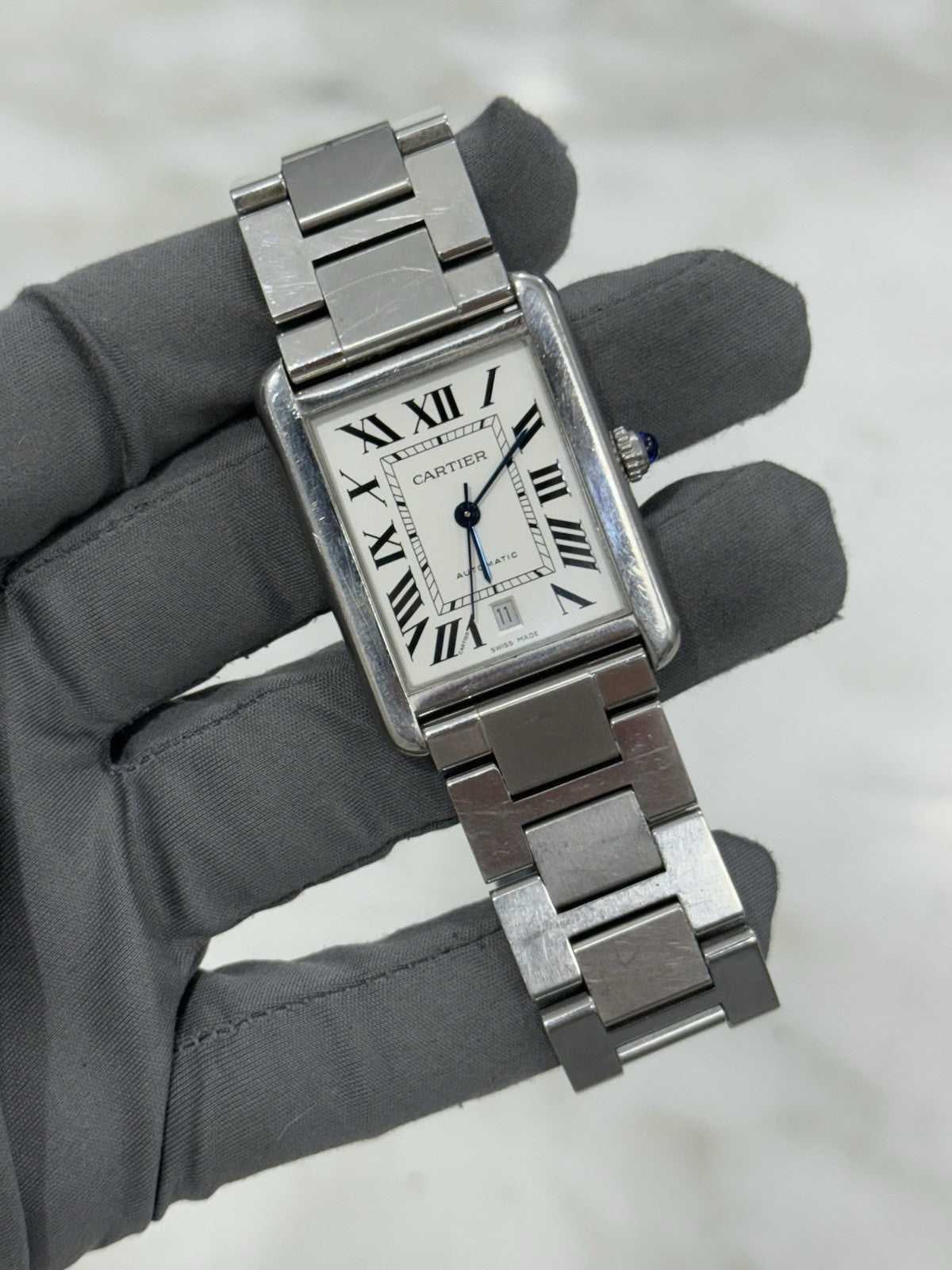 Cartier Tank Solo Date XL Roman Stainless Steel 31mm Automatic Mens Watch 3515