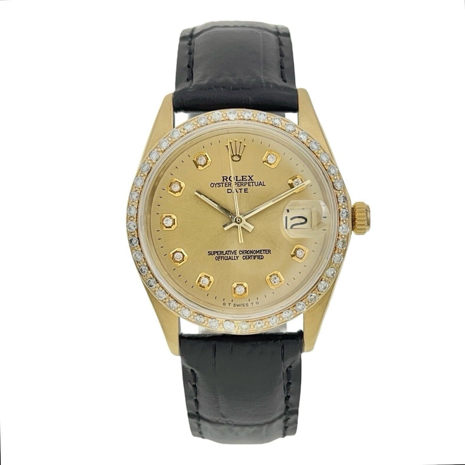 Rolex Oyster Perpetual Date 14k Gold Aftermarket Diamonds 34mm Mens Watch 1501