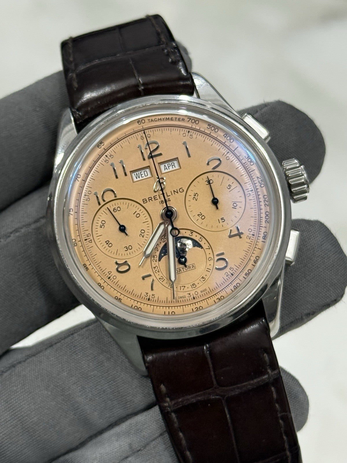 Breitling B25 Datora 42mm Premier Chronograph Calendar Moonphase Salmon AB2510