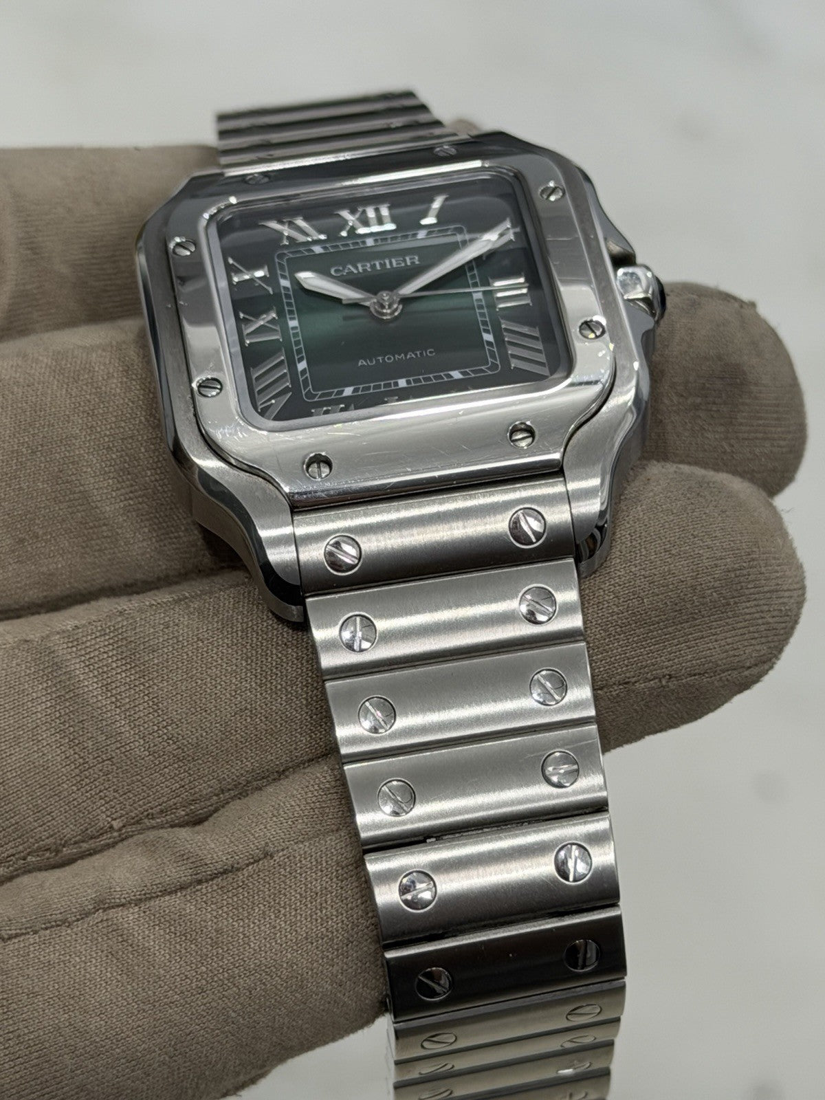 Cartier Santos Stainless Steel Green Dial 35mm Automatic Mens Watch WSSA0061