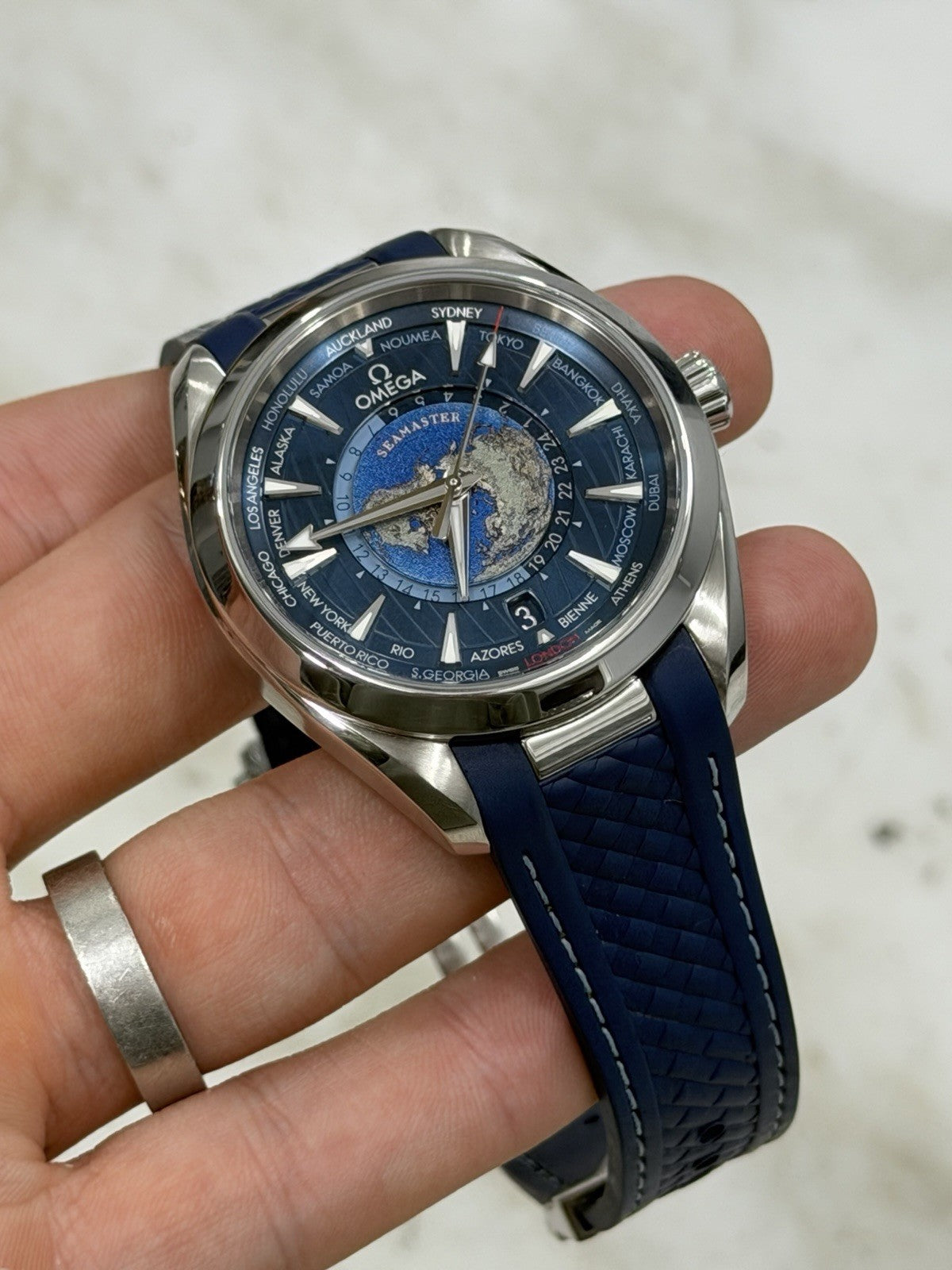 Omega Seamaster Aqua Terra Worldtimer Blue Dial GMT Watch 220.12.43.22.03.001
