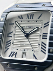 Cartier Santos 39mm Automatic WSSA0047 Silver Dial Blue Bezel - Box And Papers