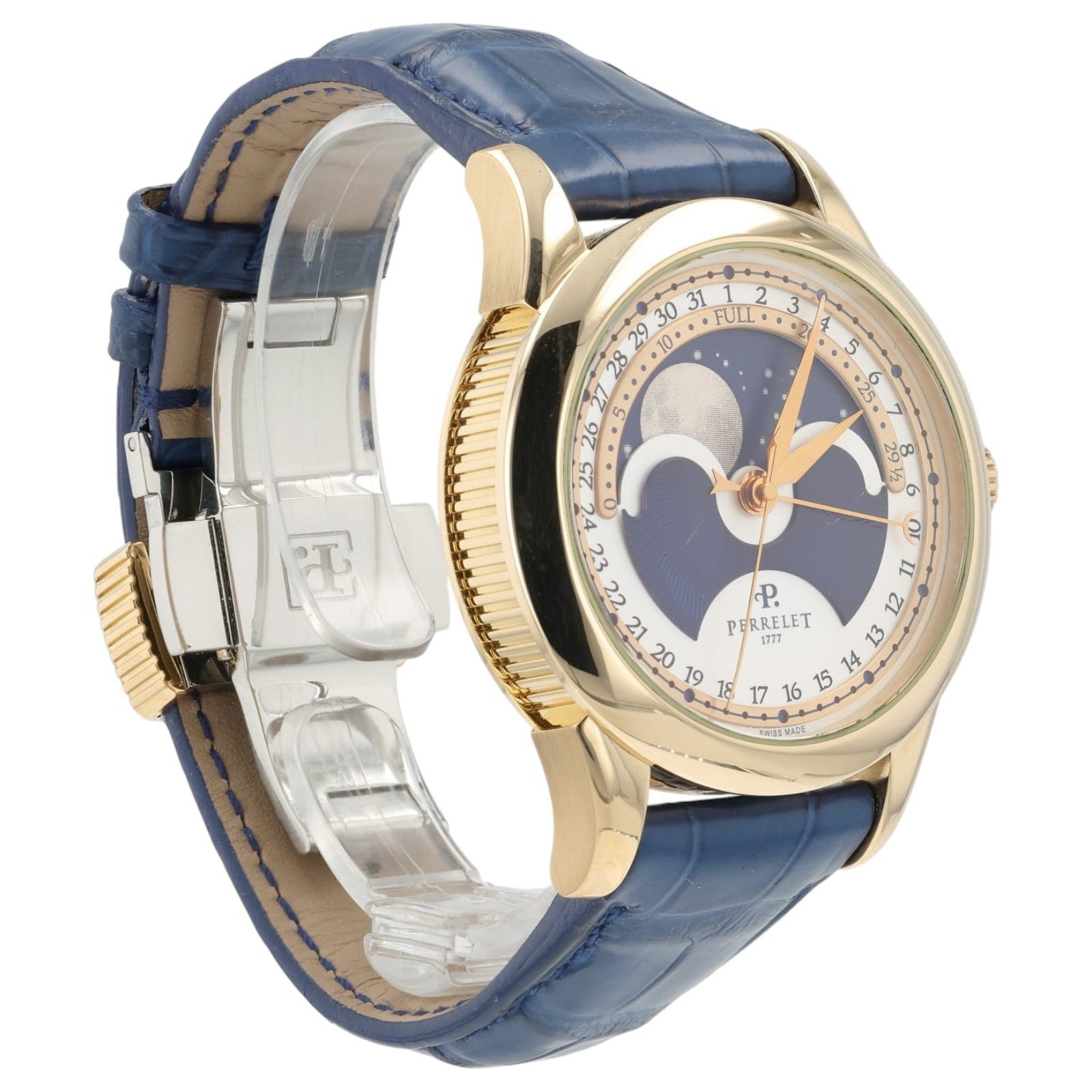 Perrelet Moon Phase Cream & Blue Dial 18k Yellow Gold 40mm Automatic Watch A3013