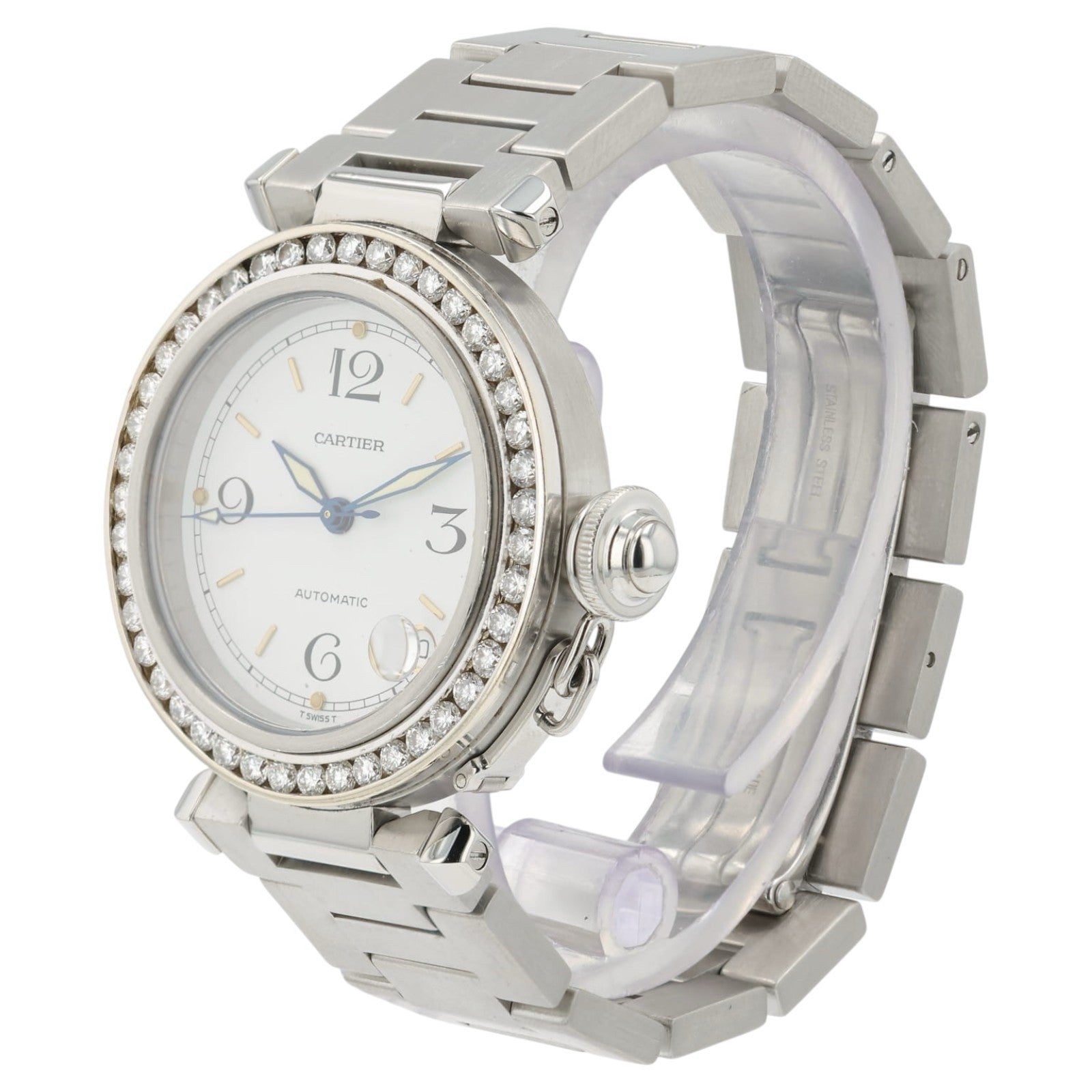 Cartier Pasha White Dial Steel 35mm Auto Diamond Bezel Unisex Watch 2324