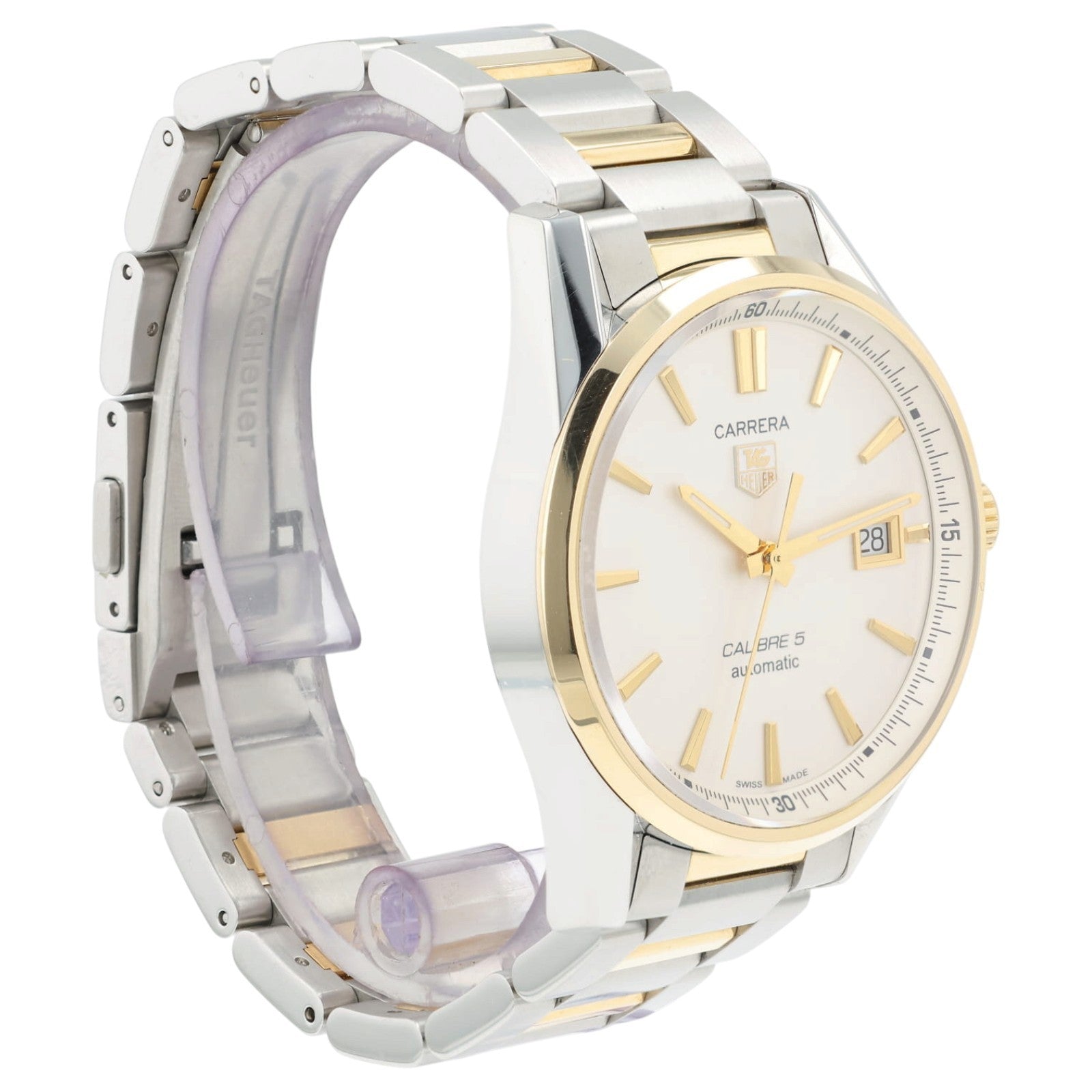 Tag Heuer Two-Tone Carrera Calibre 5 Silver Dial Steel & Gold 39mm Watch WAR215B