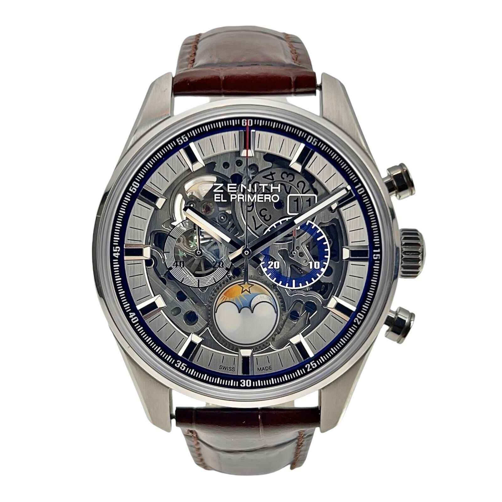 Zenith Chronomaster El Primero 03.2530.4047 Silver Skeleton Moon Phase Watch B&P