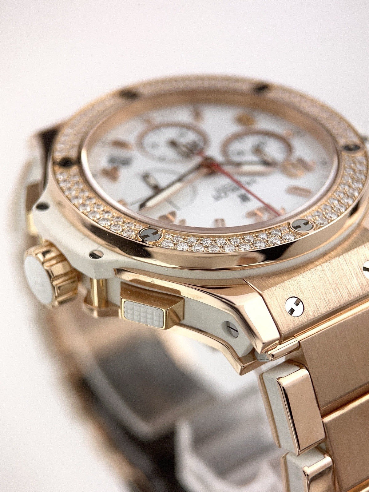 Hublot Big Bang 18k Rose Gold White Dial Diamond Bezel 41mm Automatic Mens Watch
