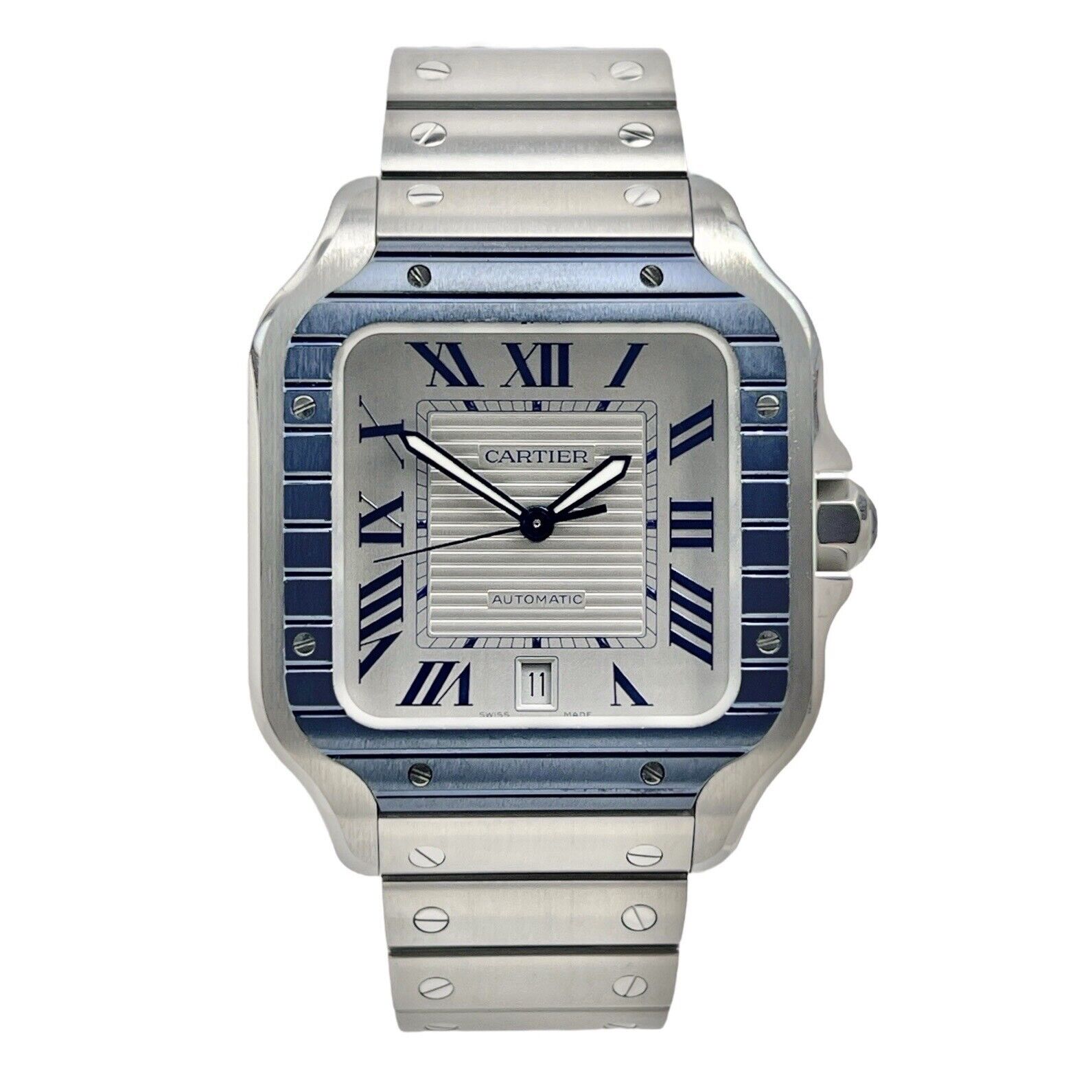 Cartier Santos 39mm Automatic WSSA0047 Silver Dial Blue Bezel - Box And Papers