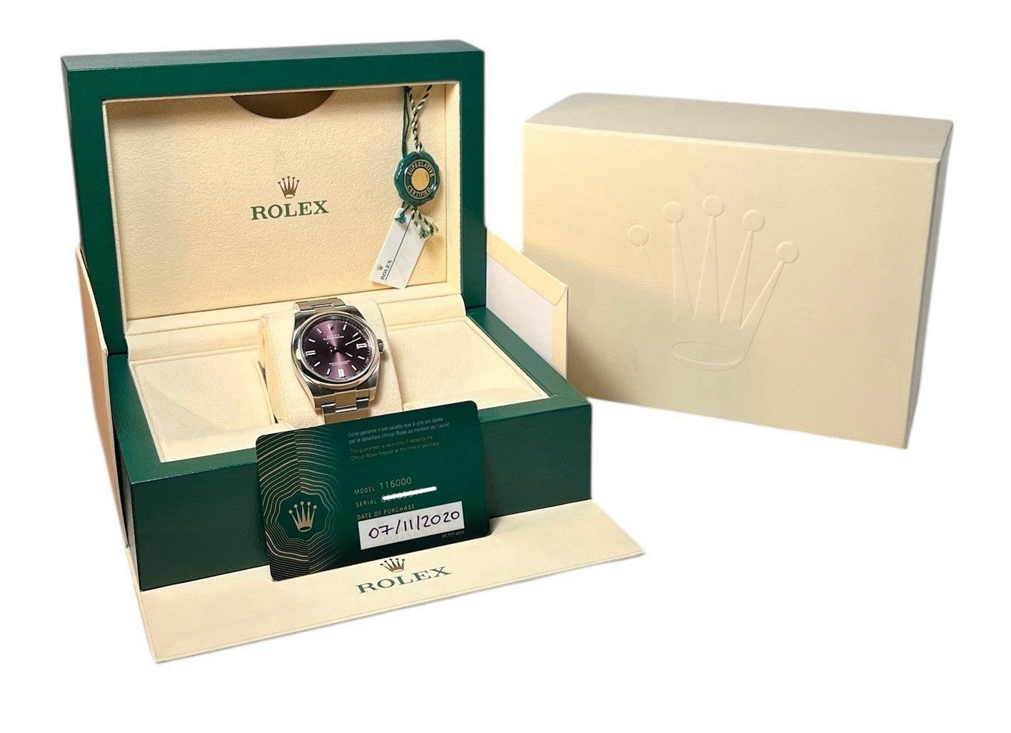 Rolex Oyster Perpetual Steel Purple Grape Dial 36mm Automatic Mens Watch 116000