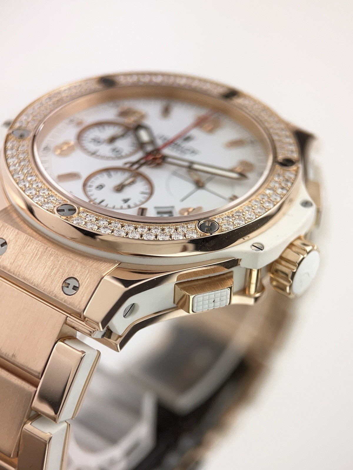 Hublot Big Bang 18k Rose Gold White Dial Diamond Bezel 41mm Automatic Mens Watch