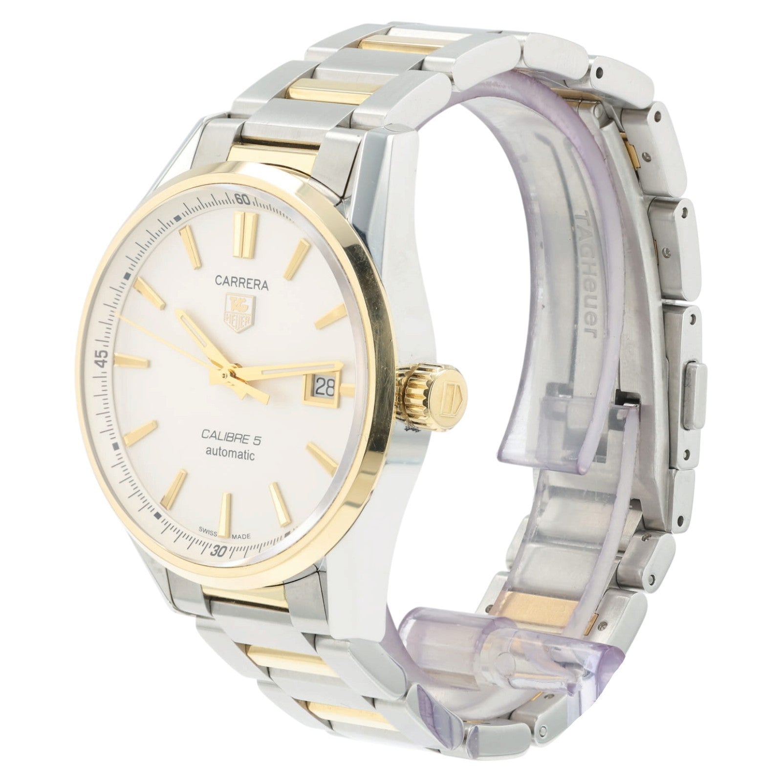 Tag Heuer Two-Tone Carrera Calibre 5 Silver Dial Steel & Gold 39mm Watch WAR215B