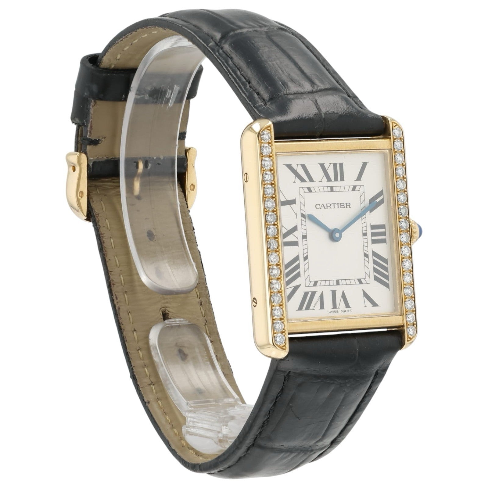 Cartier Tank Solo Silver Dial 18k Yellow Gold 34mm Quartz Diamond Watch W5200004
