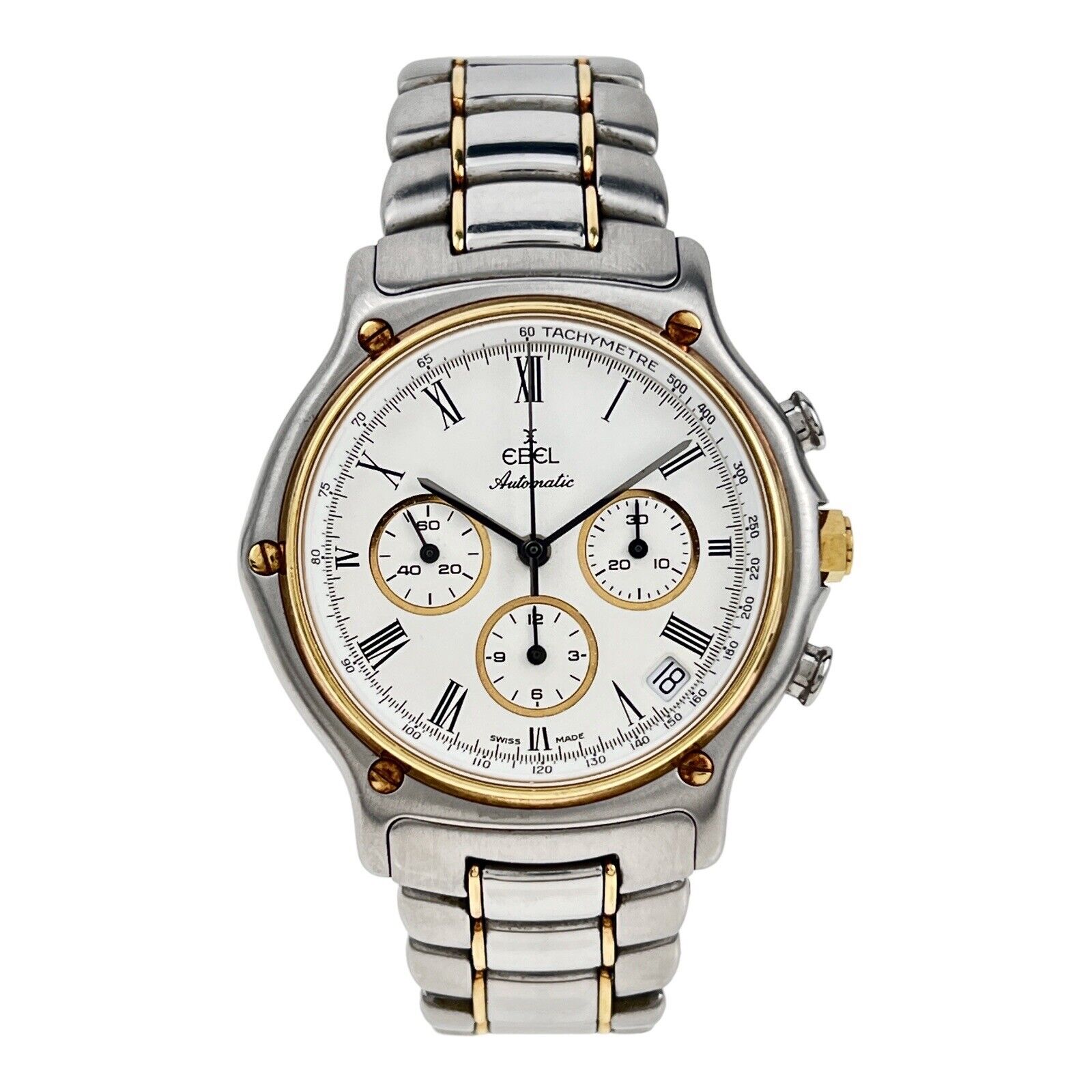 Men's Ebel 1911 Automatic Chronograph Date Watch 134901 White Dial Steel & Gold