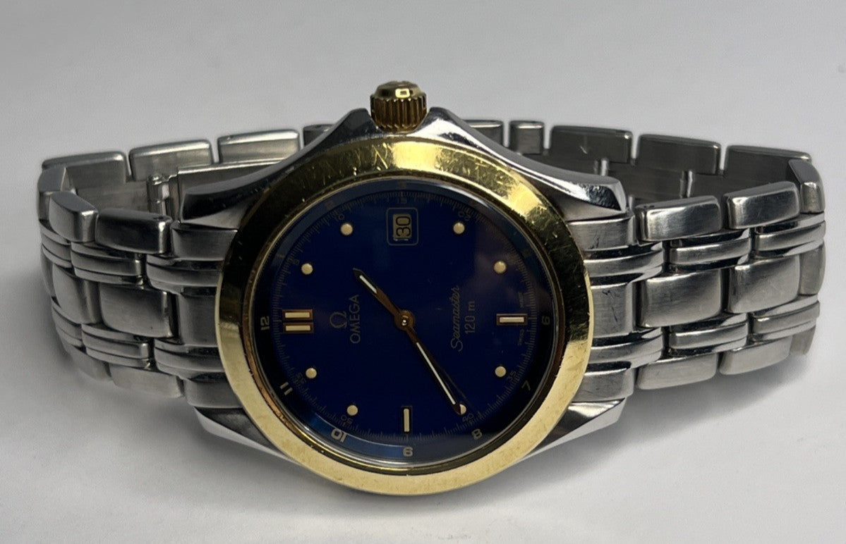 Omega 168.1501 Seamaster 18K Gold Bezel & Steel Quartz 36mm Bracelet Watch