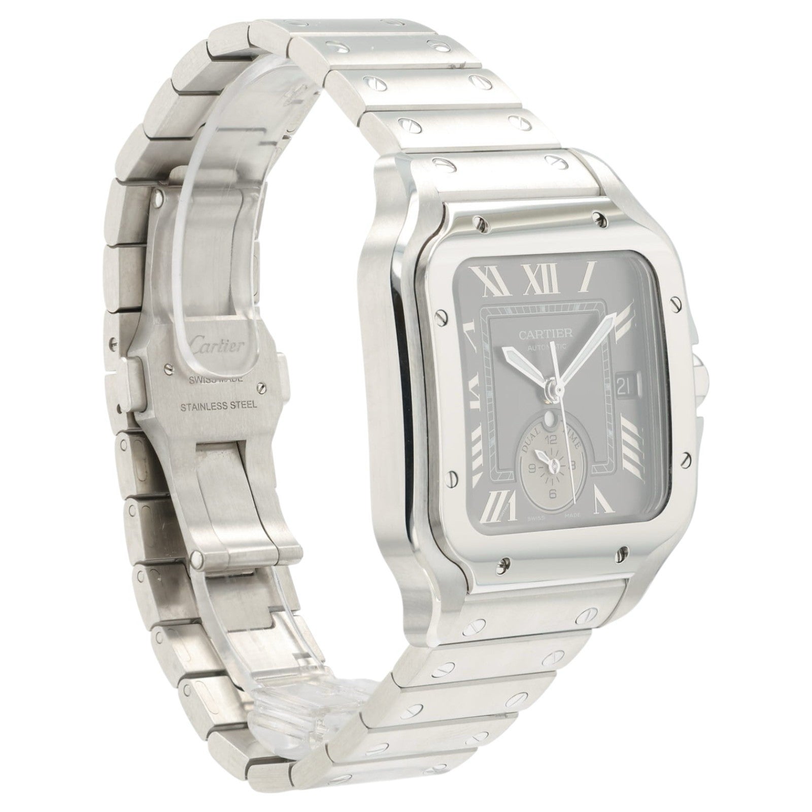 Cartier Santos Dual Time Gray Dial Steel 40.2mm Automatic Mens Watch WSSA0076